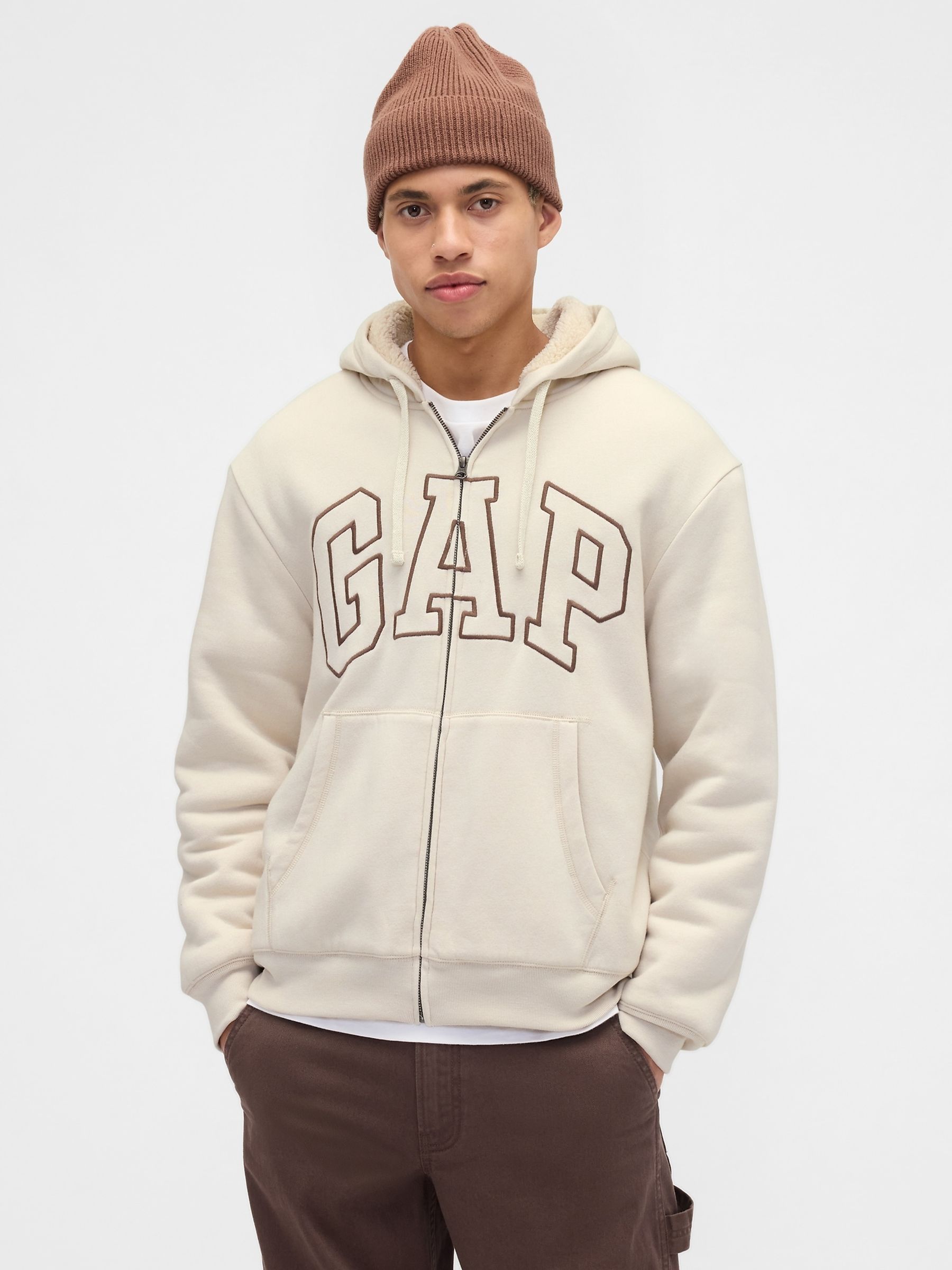 Cream Relaxed Logo Sherpa-Lined Zip Hoodie - Image 1 of 4