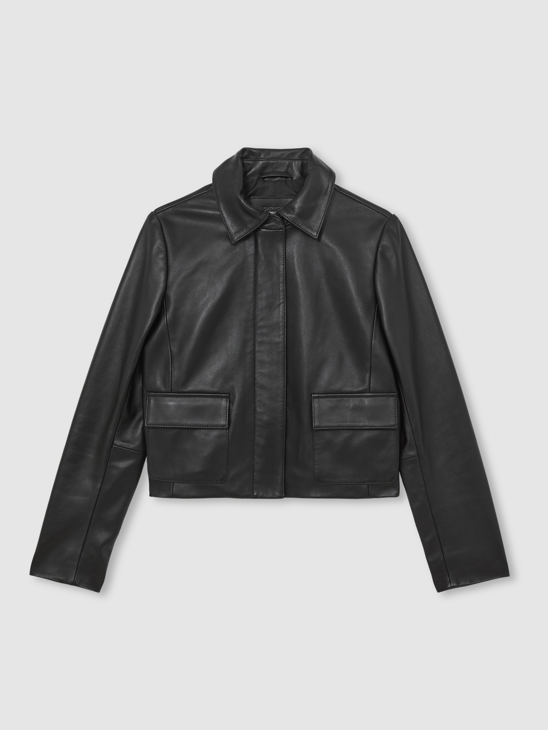 Collared Leather Jacket in Black - Image 2 of 9