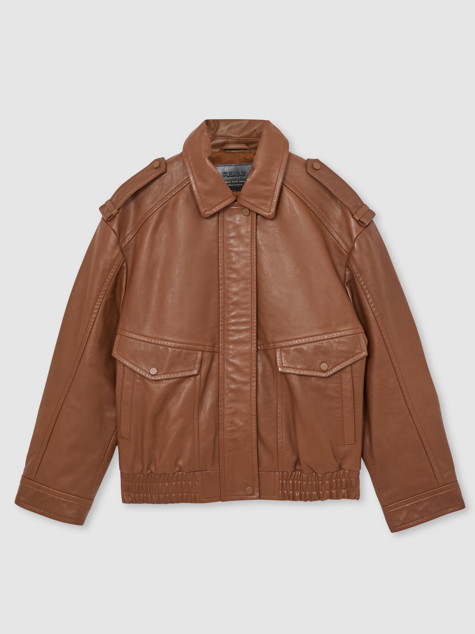 Oversized Leather Jacket in Tan - Image 2 of 7
