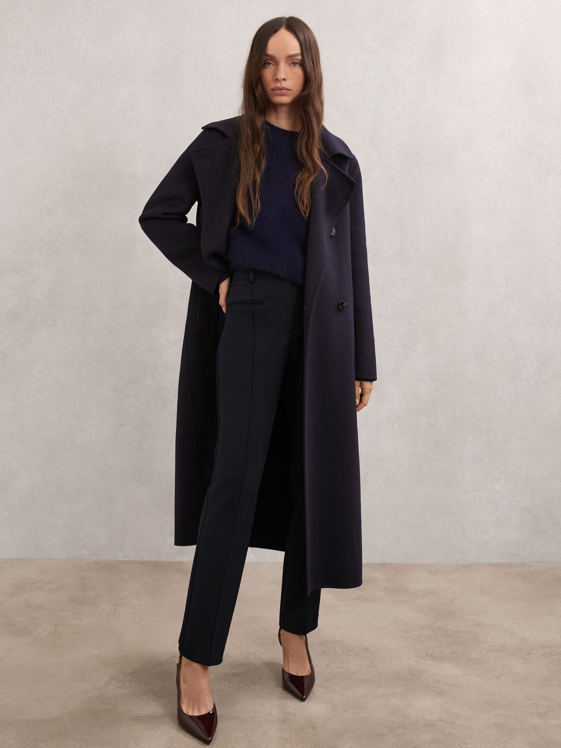 Pintuck Tapered Trousers in Navy - Image 1 of 6