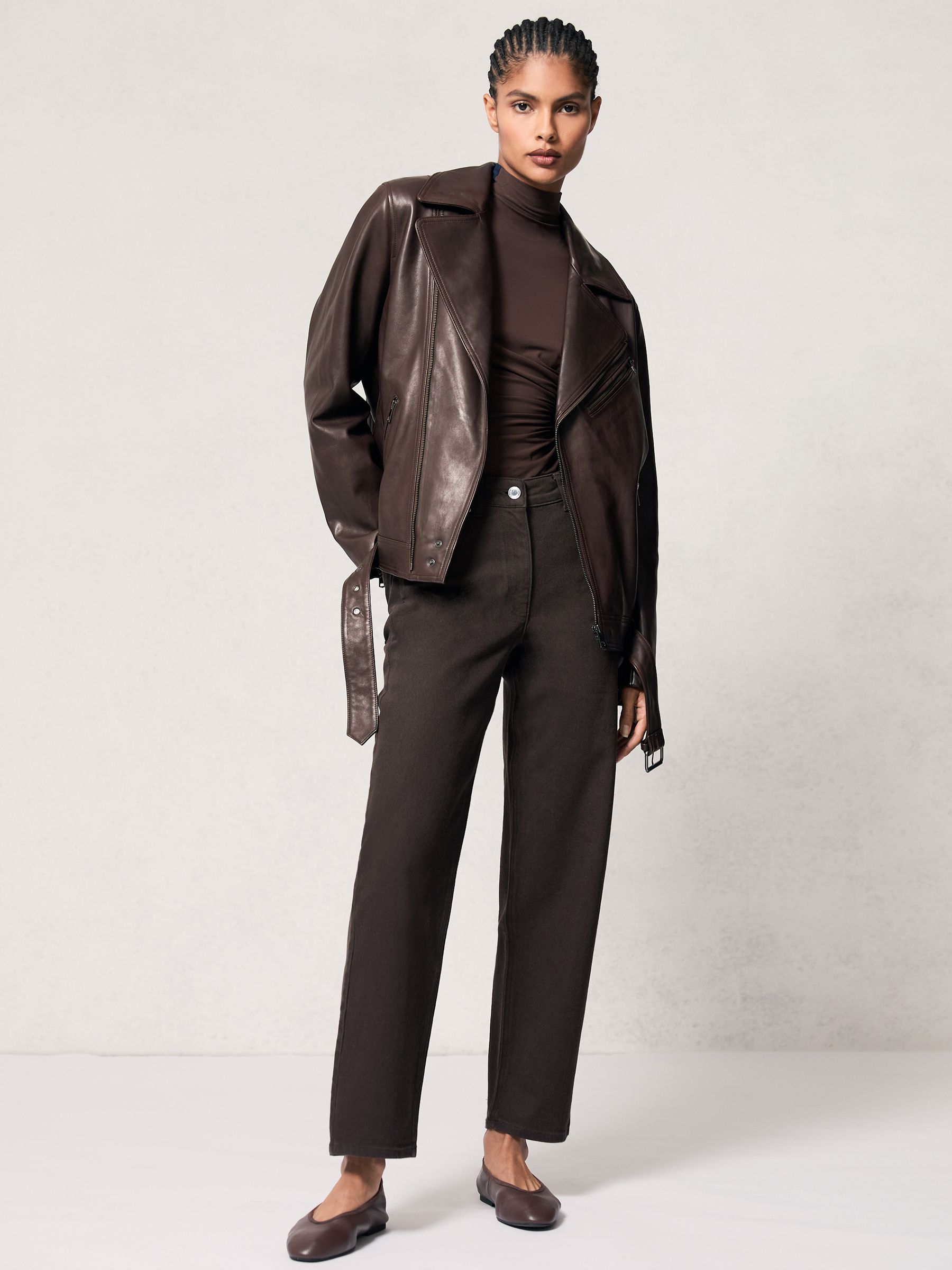 Leather Biker Jacket in Chocolate Brown - Image 1 of 6