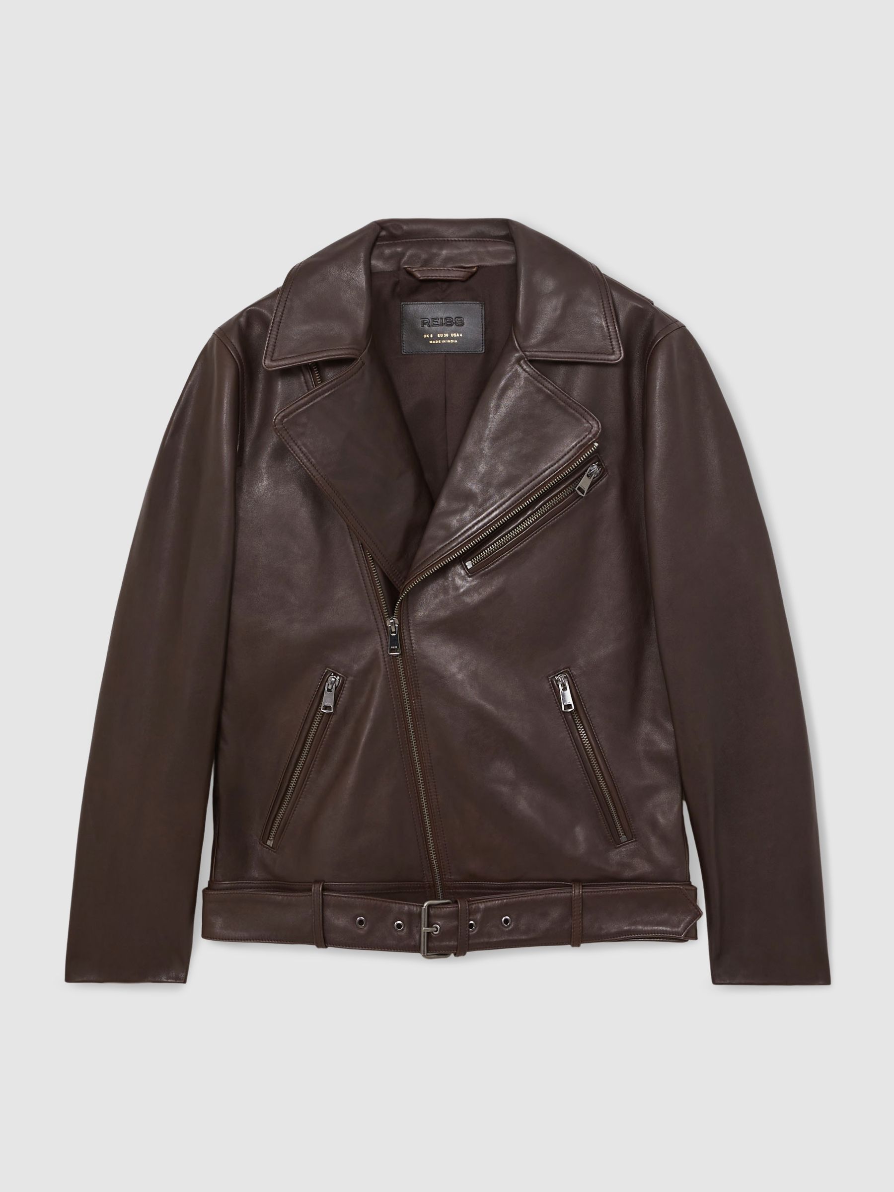 Leather Biker Jacket in Chocolate Brown - Image 2 of 6