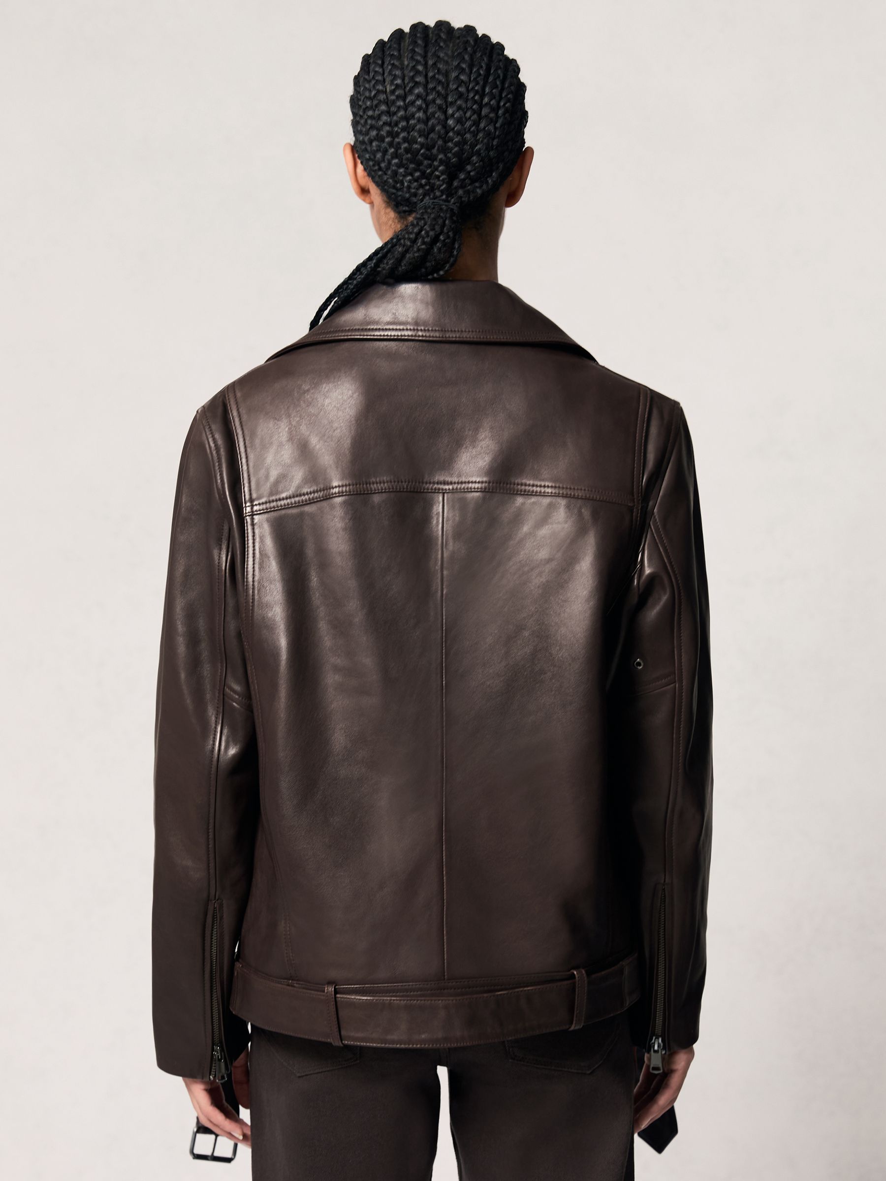 Leather Biker Jacket in Chocolate Brown - image 5