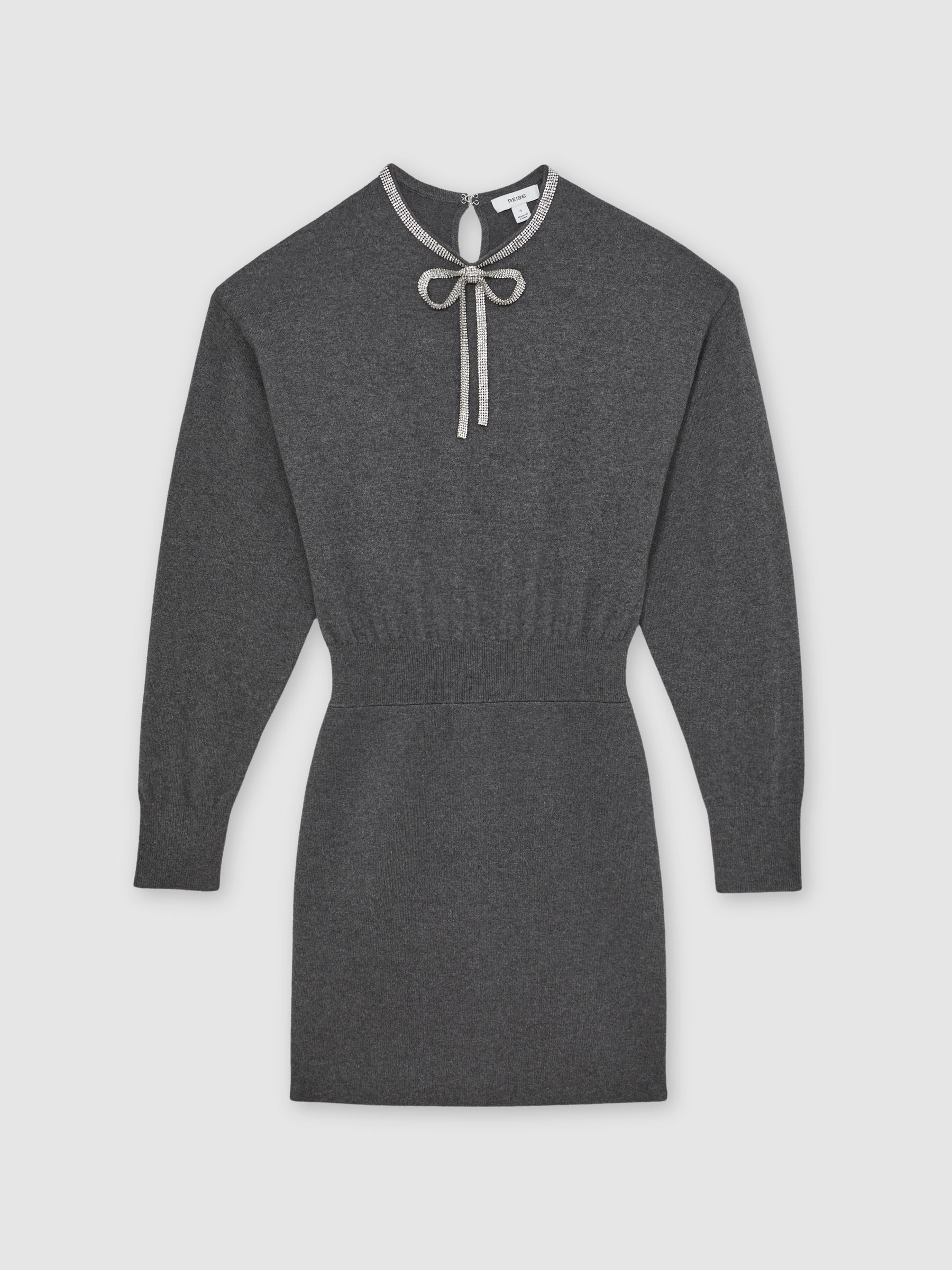 Wool-Blend Crystal-Bow Knit Mini Dress with Cashmere in Grey