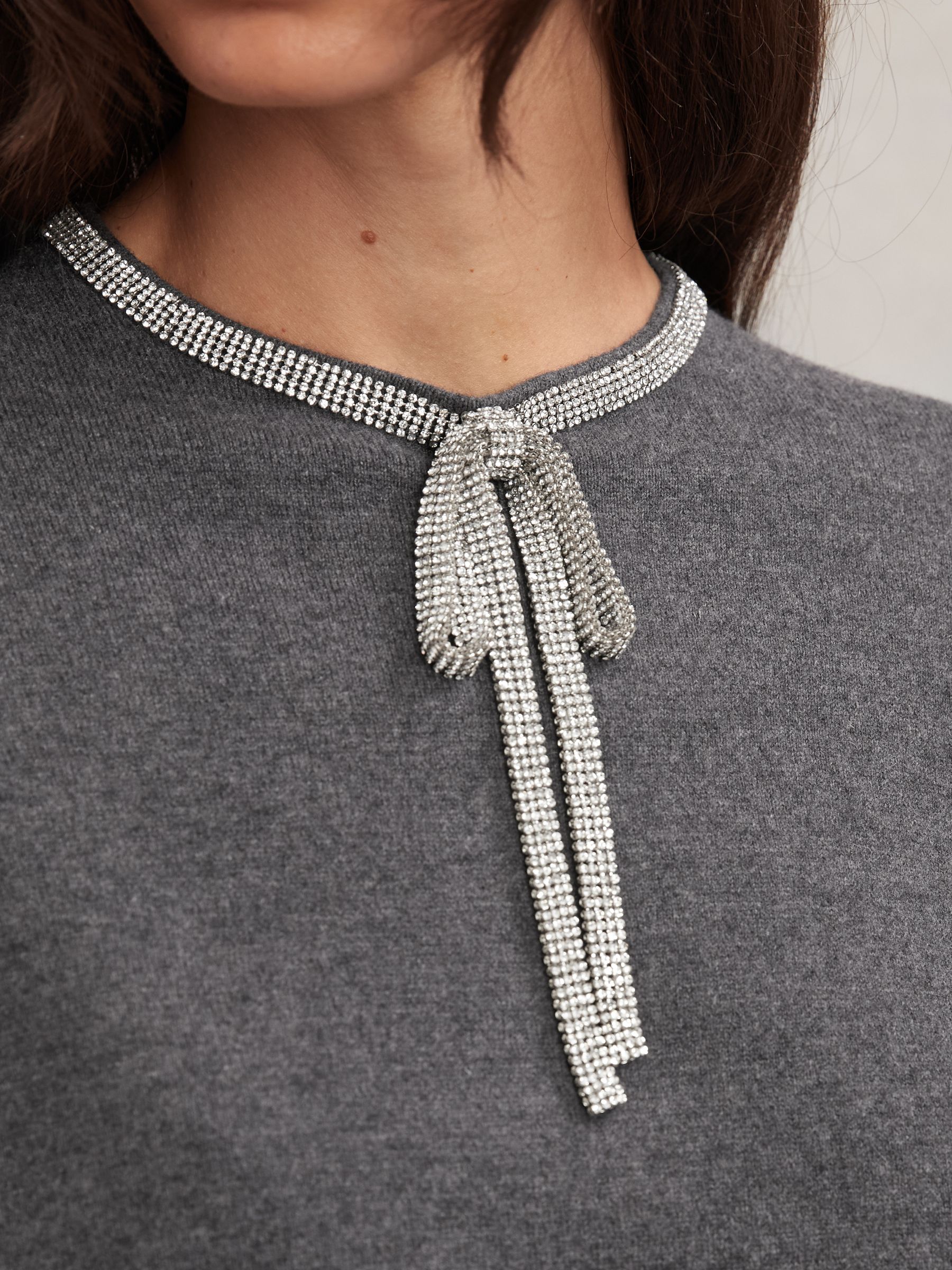 Wool-Blend Crystal-Bow Knit Mini Dress with Cashmere in Grey - image 4