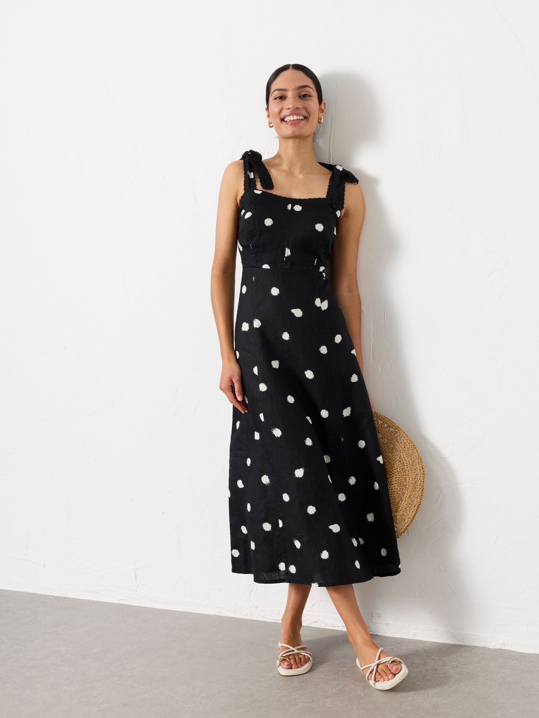Delphine Black Spot Petite Linen Midi Dress - Image 1 of 8