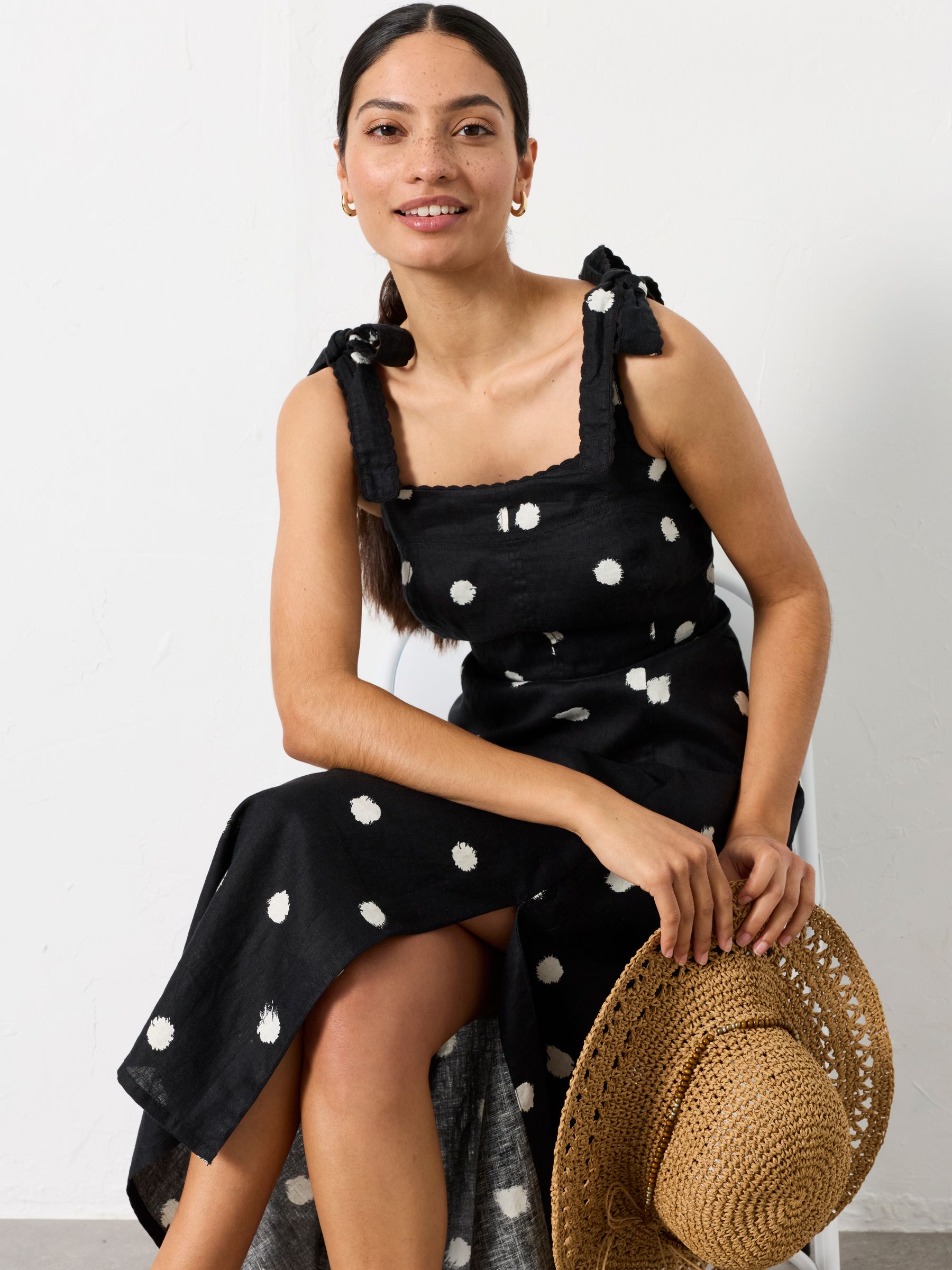 Delphine Black Spot Petite Linen Midi Dress | FatFace USA