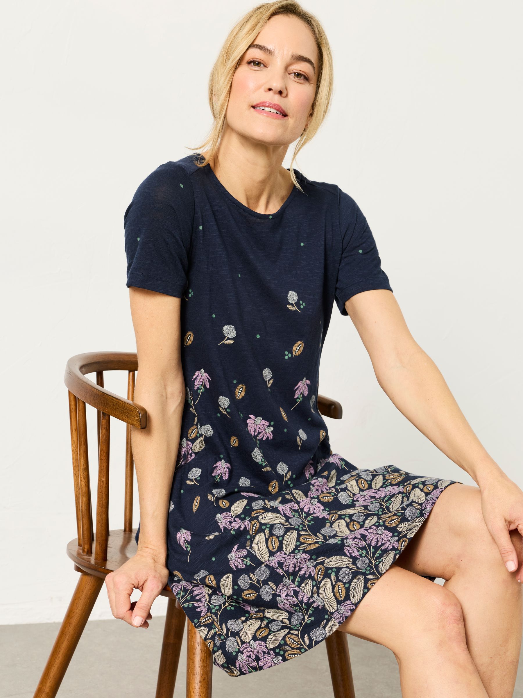 Simone Dark Navy Leaves Petite Jersey Dress | FatFace USA