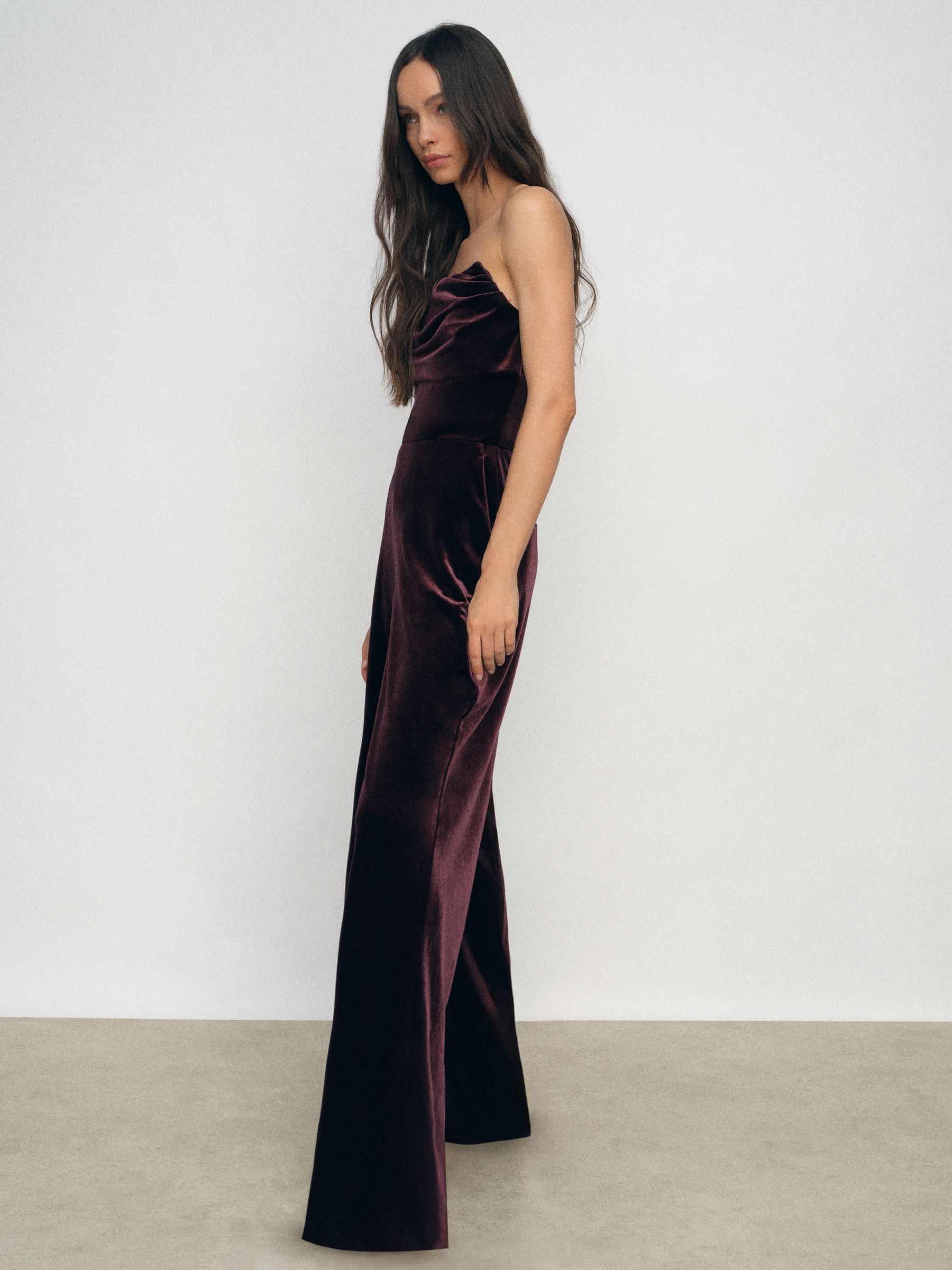 Reiss - Burgundy Velvet Drape Strapless Jumpsuit, 10 Reiss - Burgundy Velvet Drape Strapless Jumpsuit, 10
