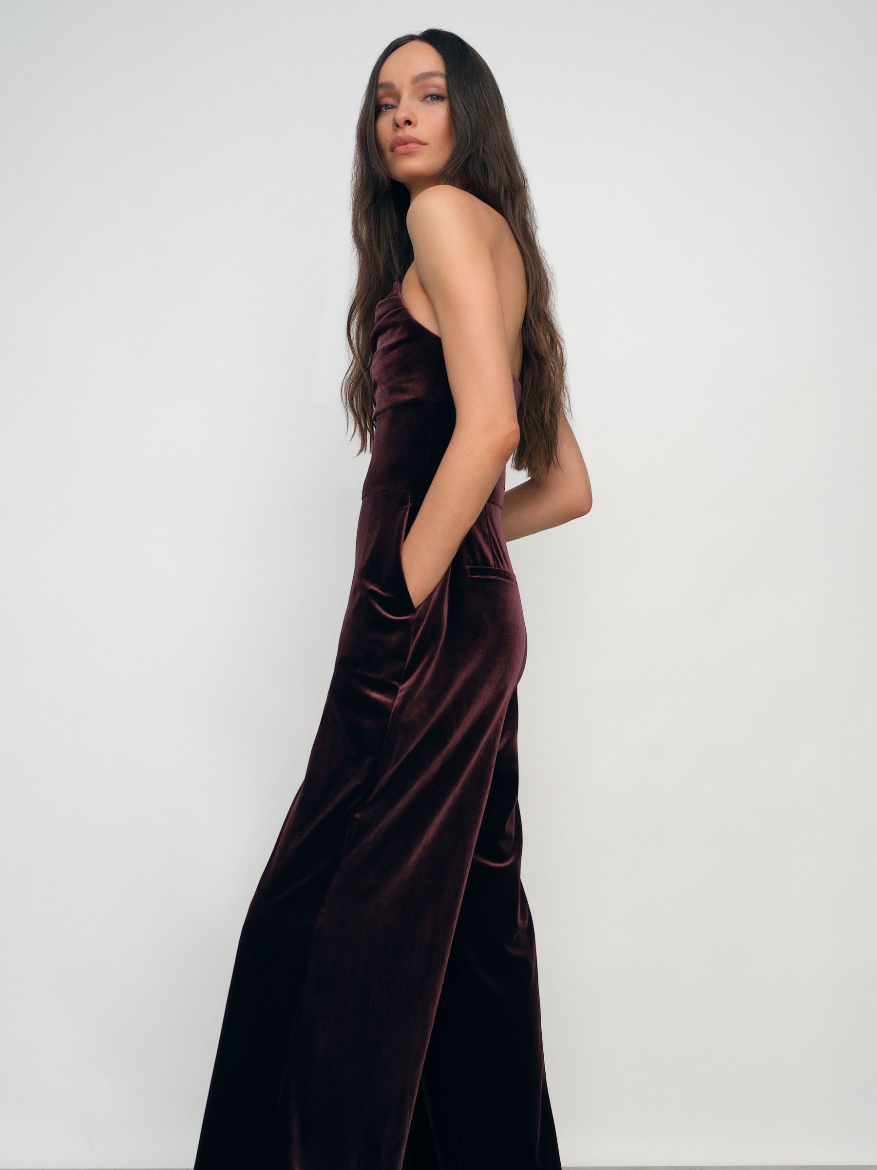 Velvet Drape Strapless Jumpsuit in Burgundy - Image 5 of 7