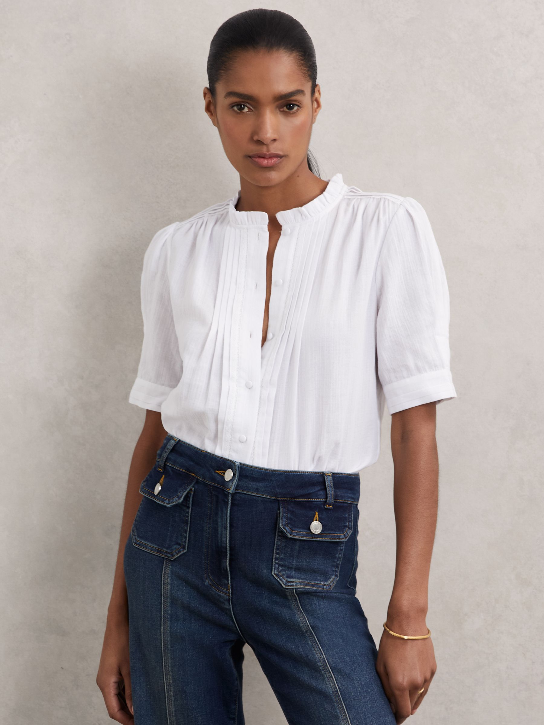 Cotton Cheesecloth Pleated Top in White - Image 1 of 6