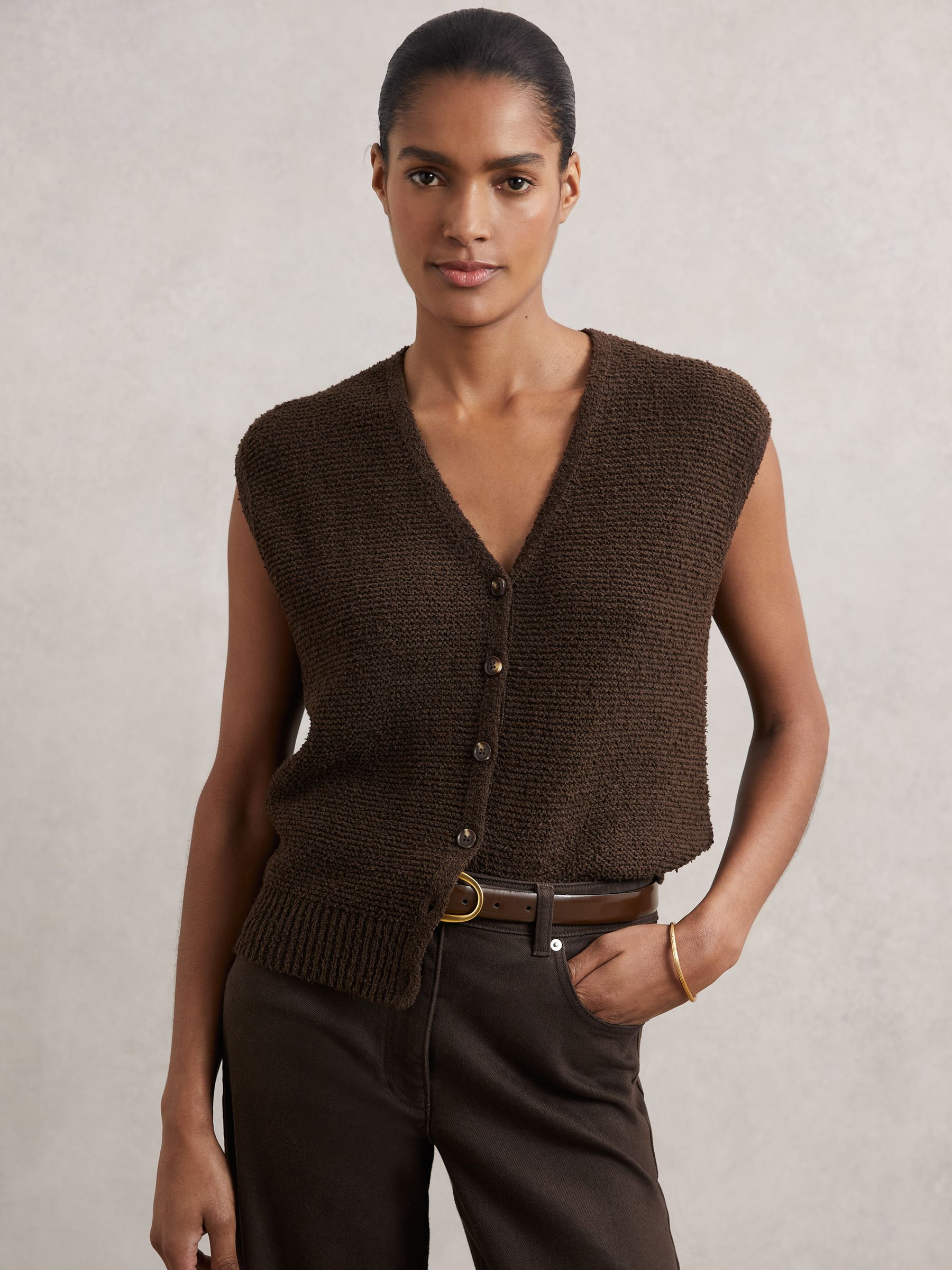 Cotton-Linen Button-Through Knit Top in Chocolate Brown - Image 3 of 6