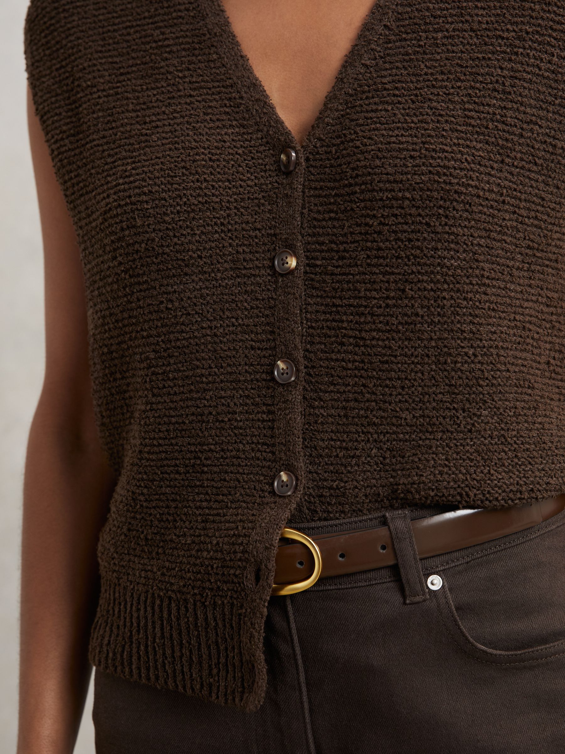 Cotton-Linen Button-Through Knit Top in Chocolate Brown - Image 4 of 6
