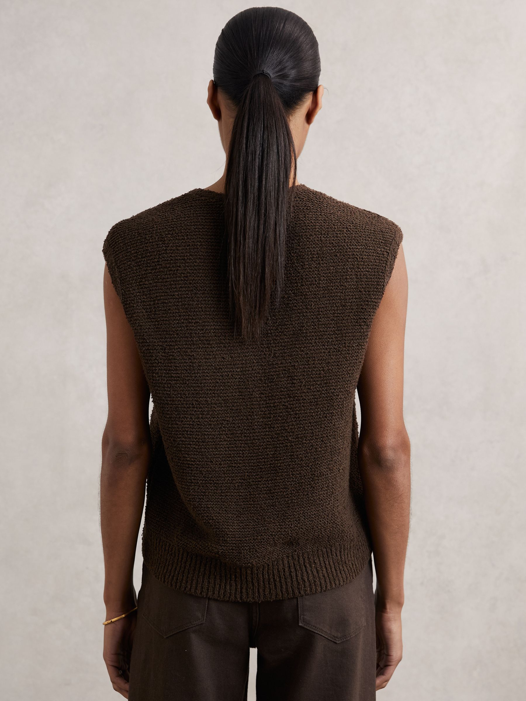 Cotton-Linen Button-Through Knit Top in Chocolate Brown - image 4