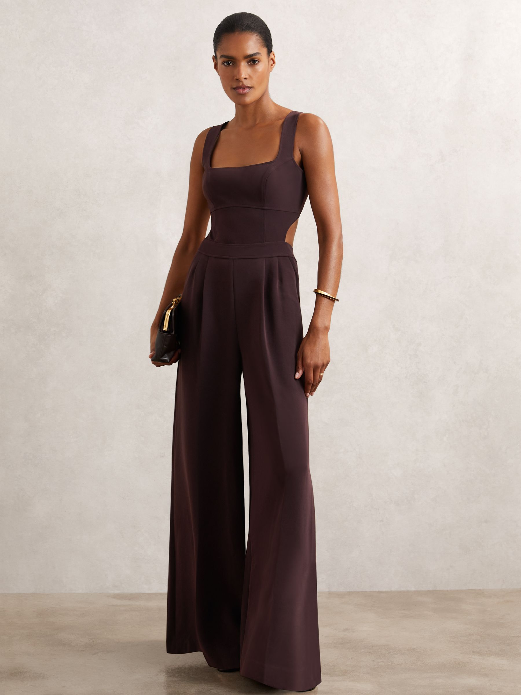 Wide-Leg Cut-Out Jumpsuit in Burgundy - Image 3 of 6