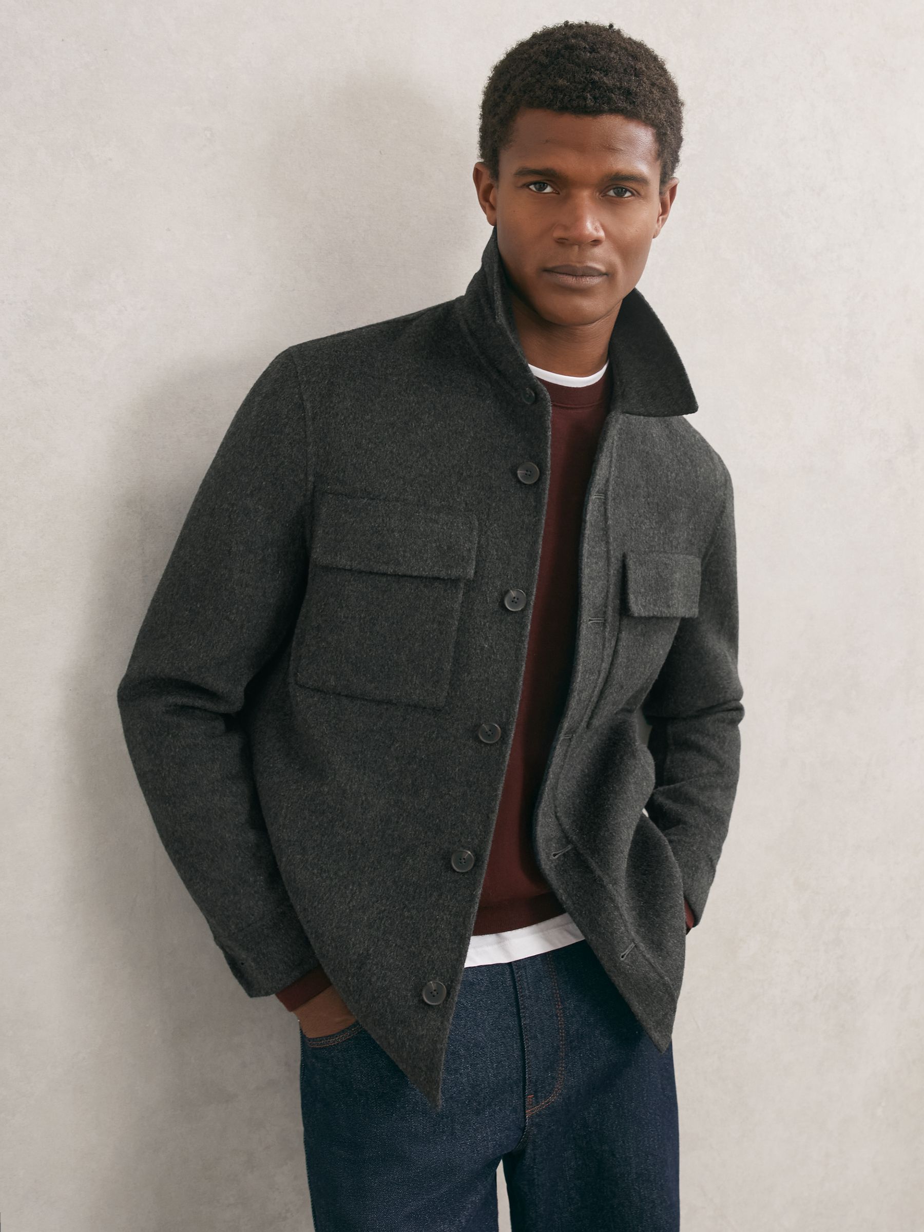 Wool-Blend Twin-Pocket Overshirt in Charcoal Grey - Image 1 of 6
