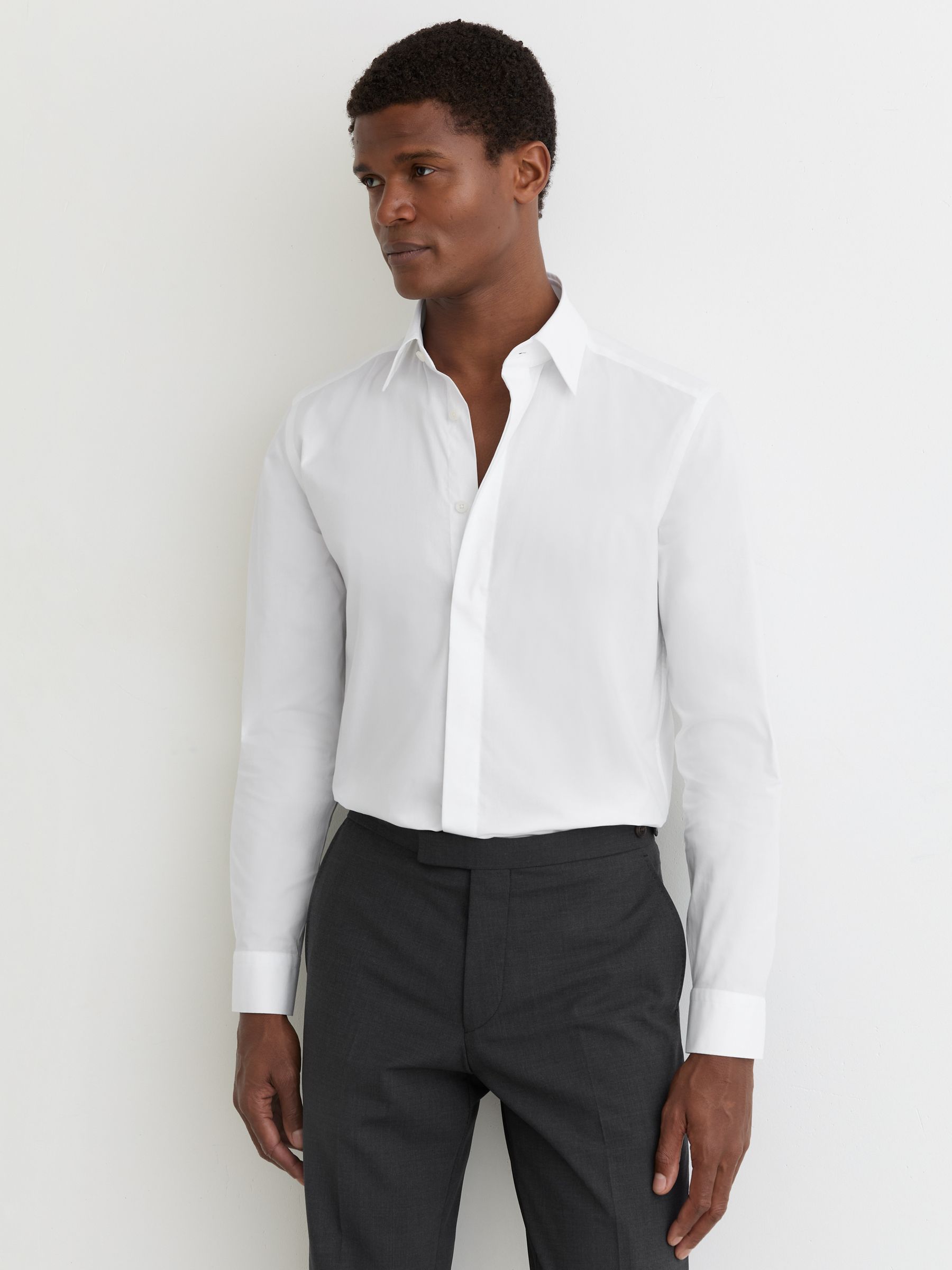 Stretch-Cotton Concealed-Placket Shirt Slim-Fit in White - Image 3 of 8