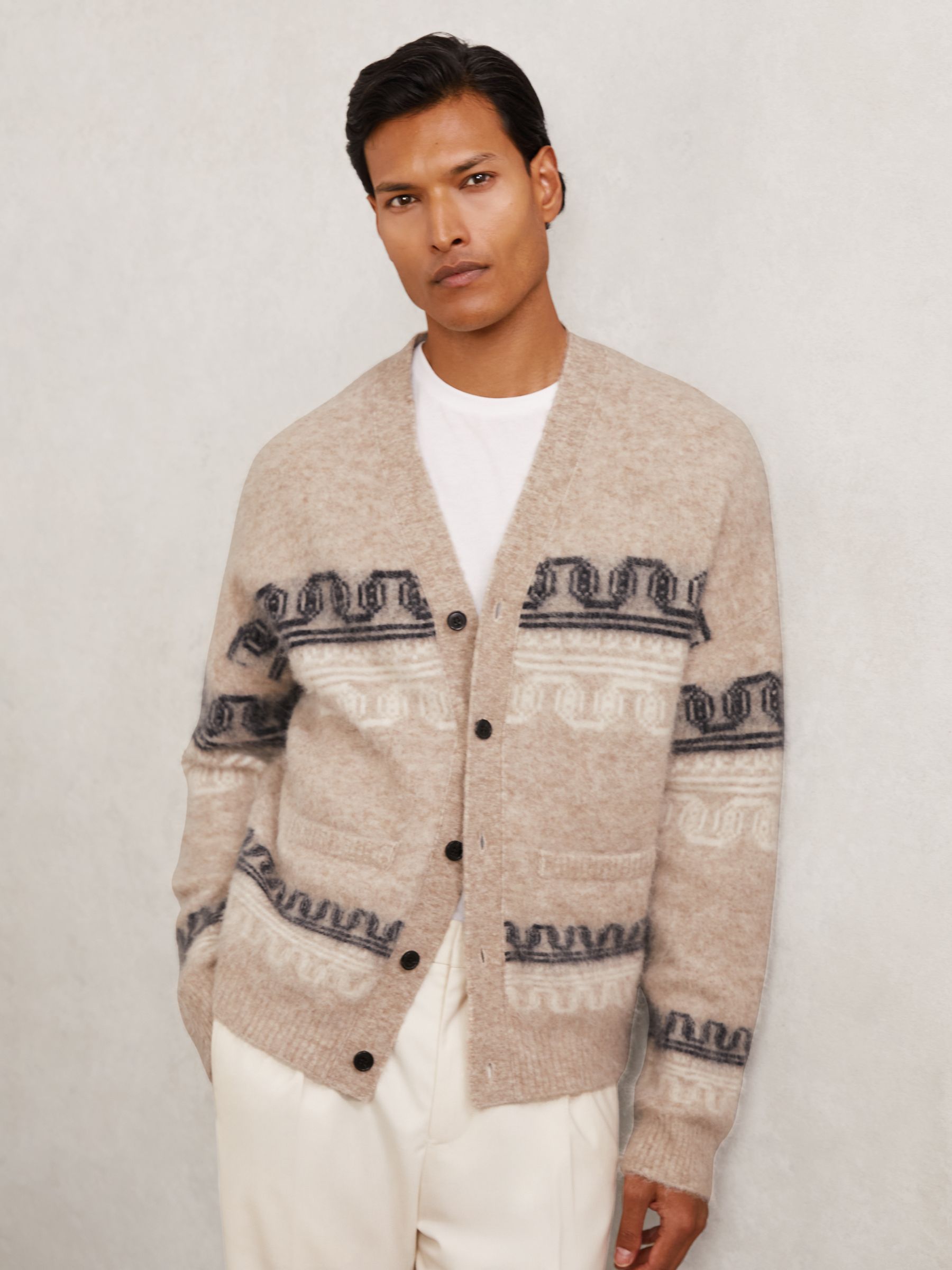 Wool Blend Fairisle Pattern Cardigan in Oatmeal - Image 3 of 7