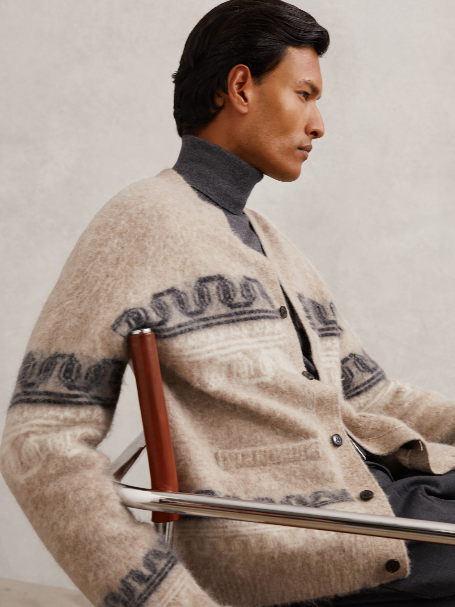 Wool Blend Fairisle Pattern Cardigan in Oatmeal - Image 5 of 7