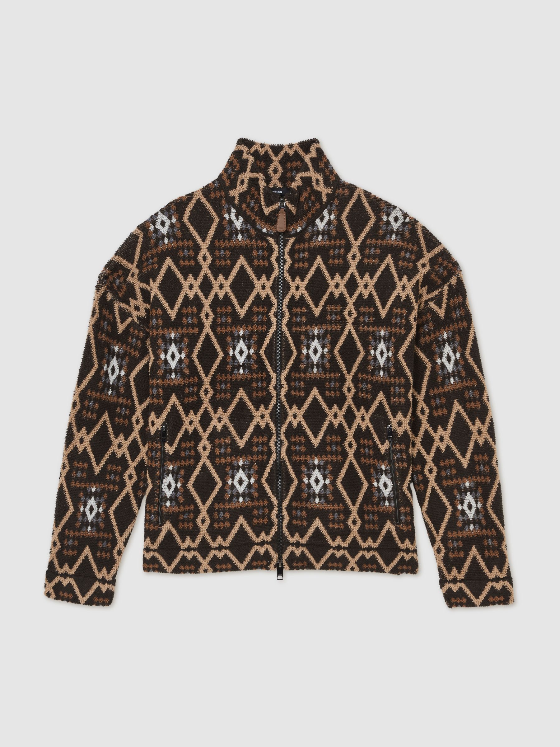 Geometric Fair Isle Zip-Through Jumper with Wool in Brown Multi - Image 2 of 6