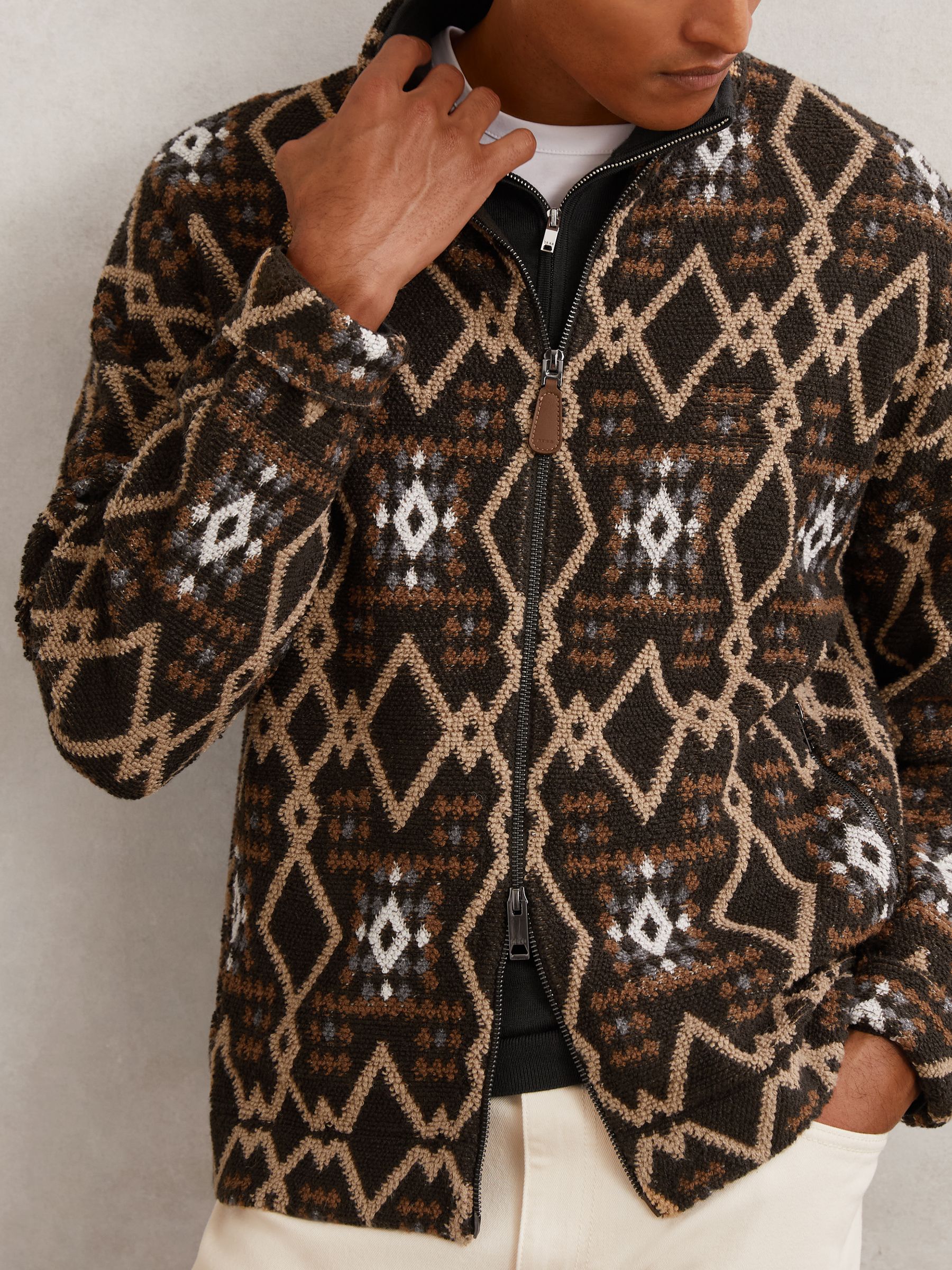 Geometric Fair Isle Zip-Through Jumper with Wool in Brown Multi - Image 3 of 6