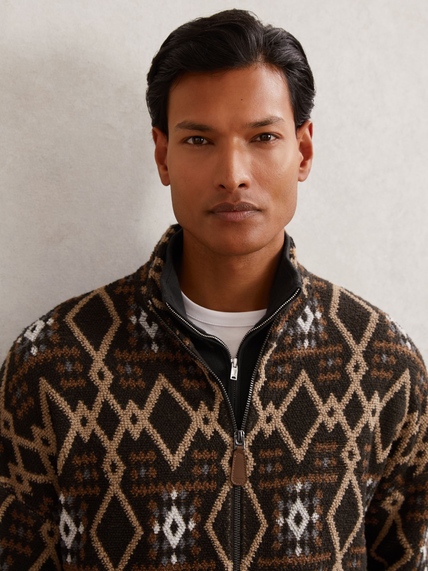 Geometric Fair Isle Zip-Through Jumper with Wool in Brown Multi - Image 4 of 6