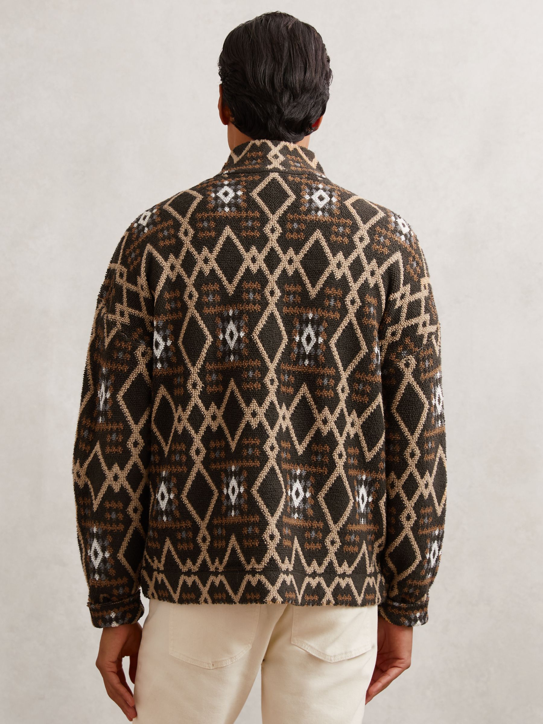 Geometric Fair Isle Zip-Through Jumper with Wool in Brown Multi - Image 5 of 6