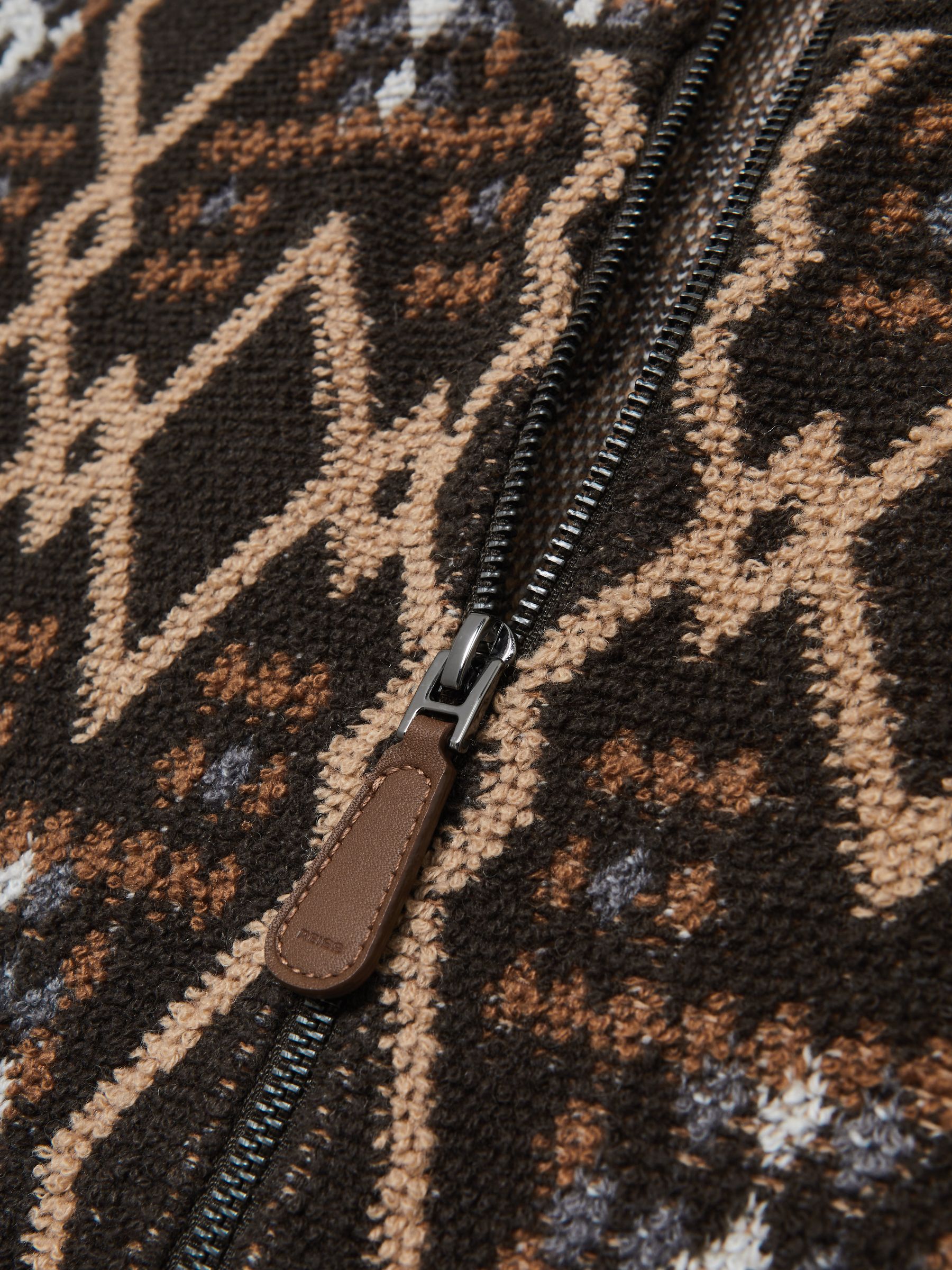 Geometric Fair Isle Zip-Through Jumper with Wool in Brown Multi - Image 6 of 6