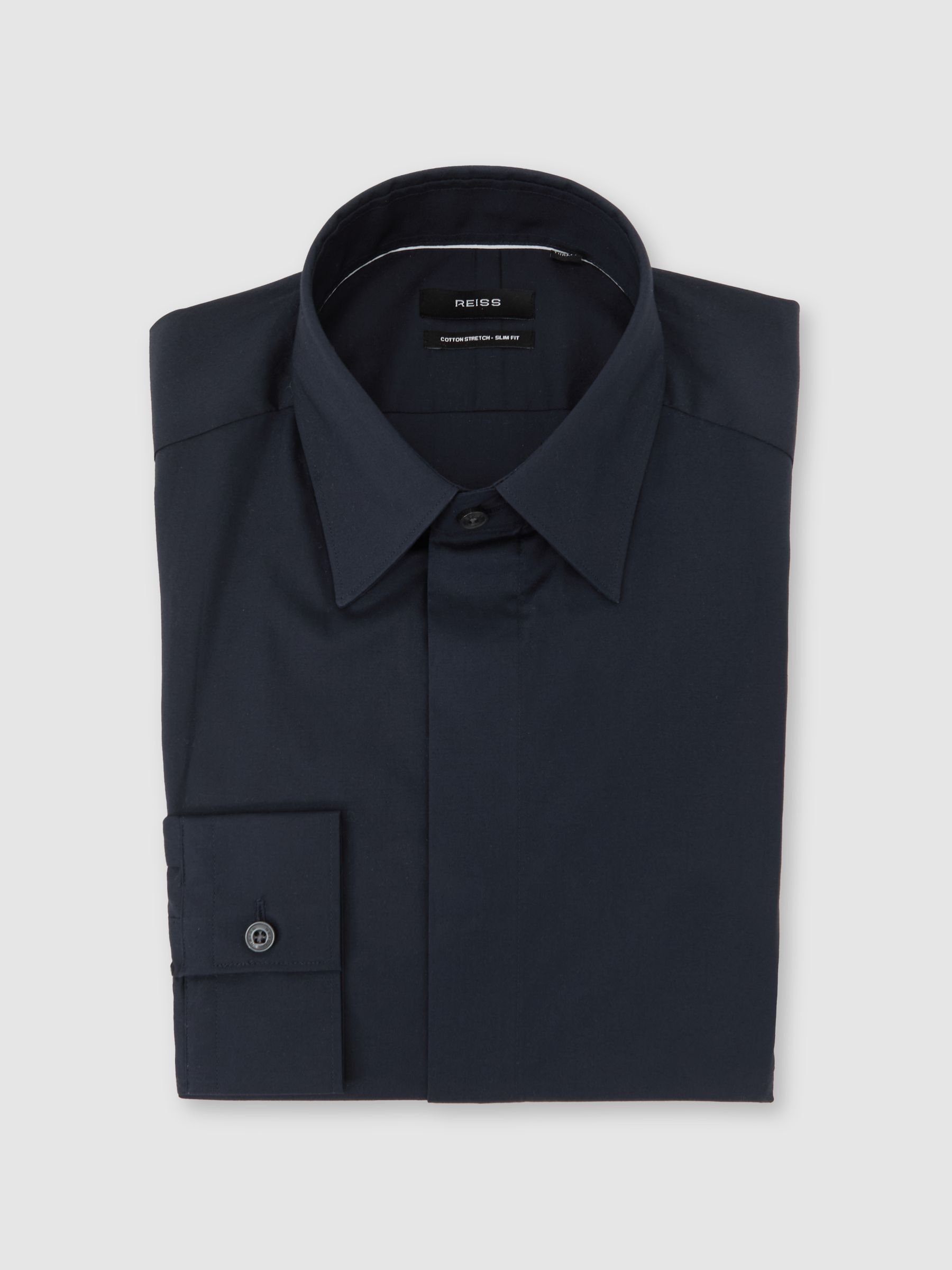 Stretch-Cotton Concealed-Placket Shirt Slim-Fit in Navy - Image 2 of 8