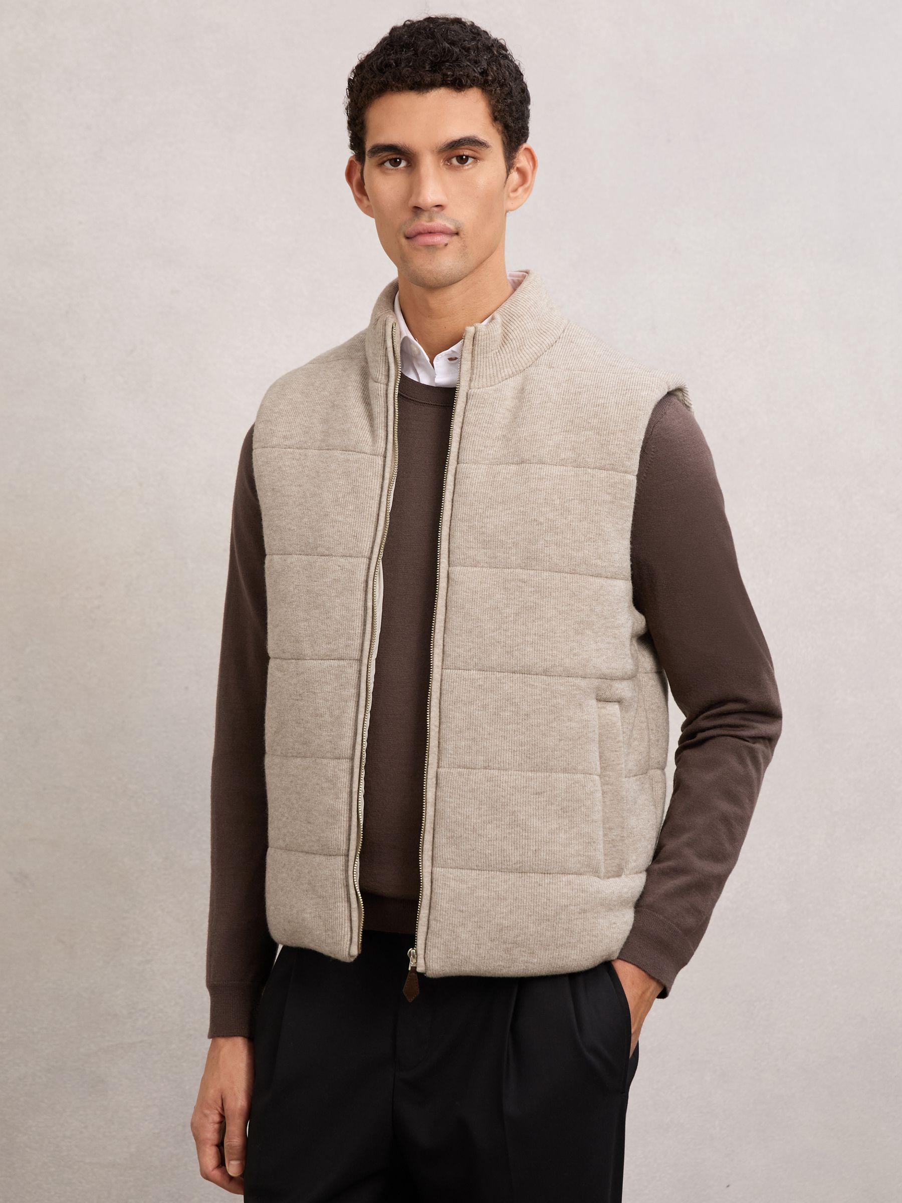 Rib-Knit Zip-Through Gilet in Oatmeal - Image 1 of 6