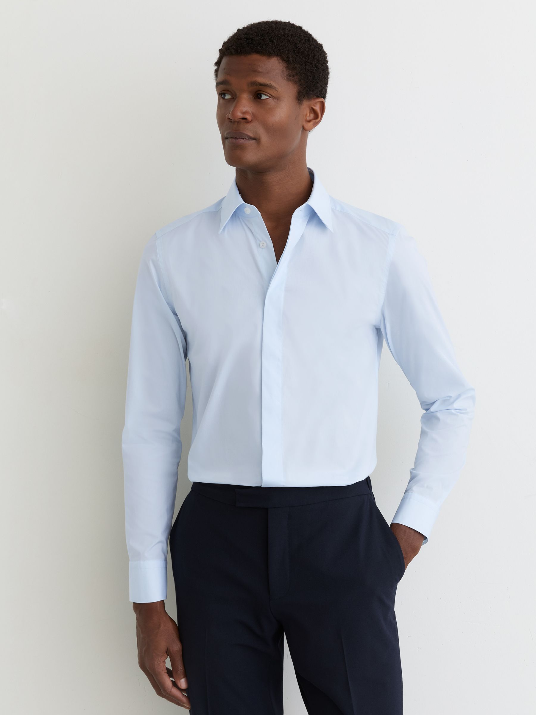 Stretch-Cotton Concealed-Placket Shirt Slim-Fit in Soft Blue - image 3