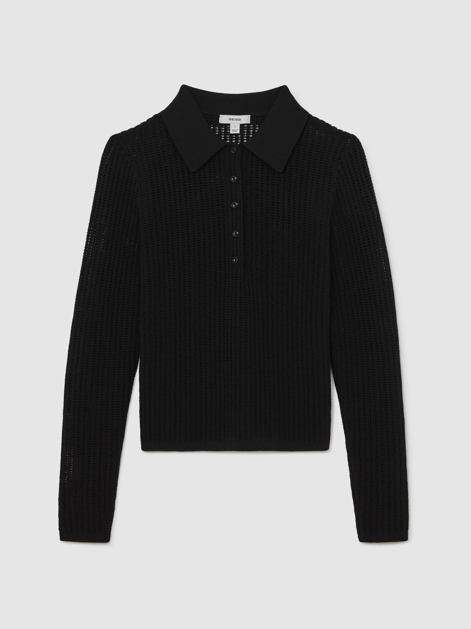 Open-Knit Long-Sleeve Polo Top in Black - Image 2 of 6