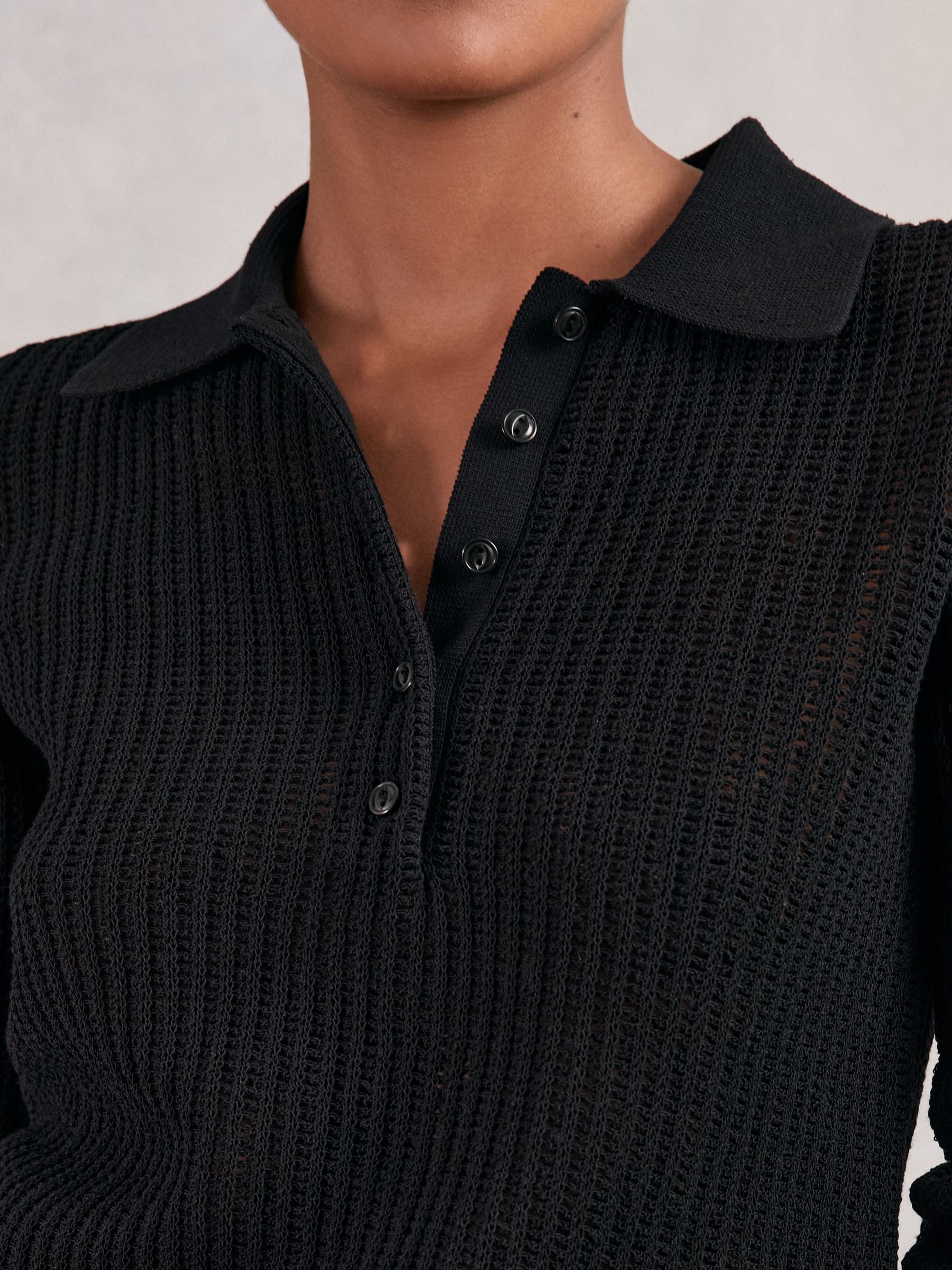 Open-Knit Long-Sleeve Polo Top in Black - image 5