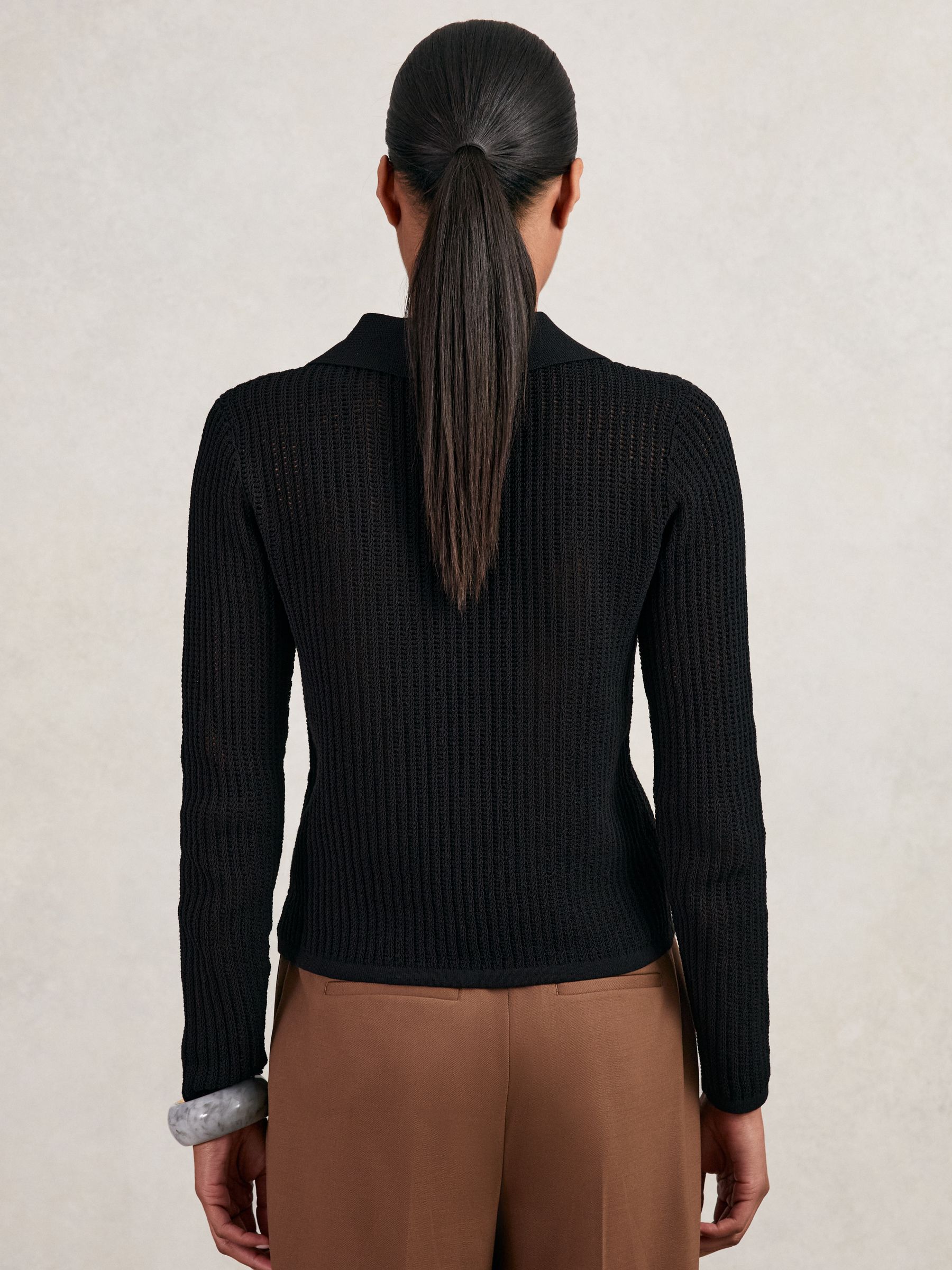 Open-Knit Long-Sleeve Polo Top in Black - image 4