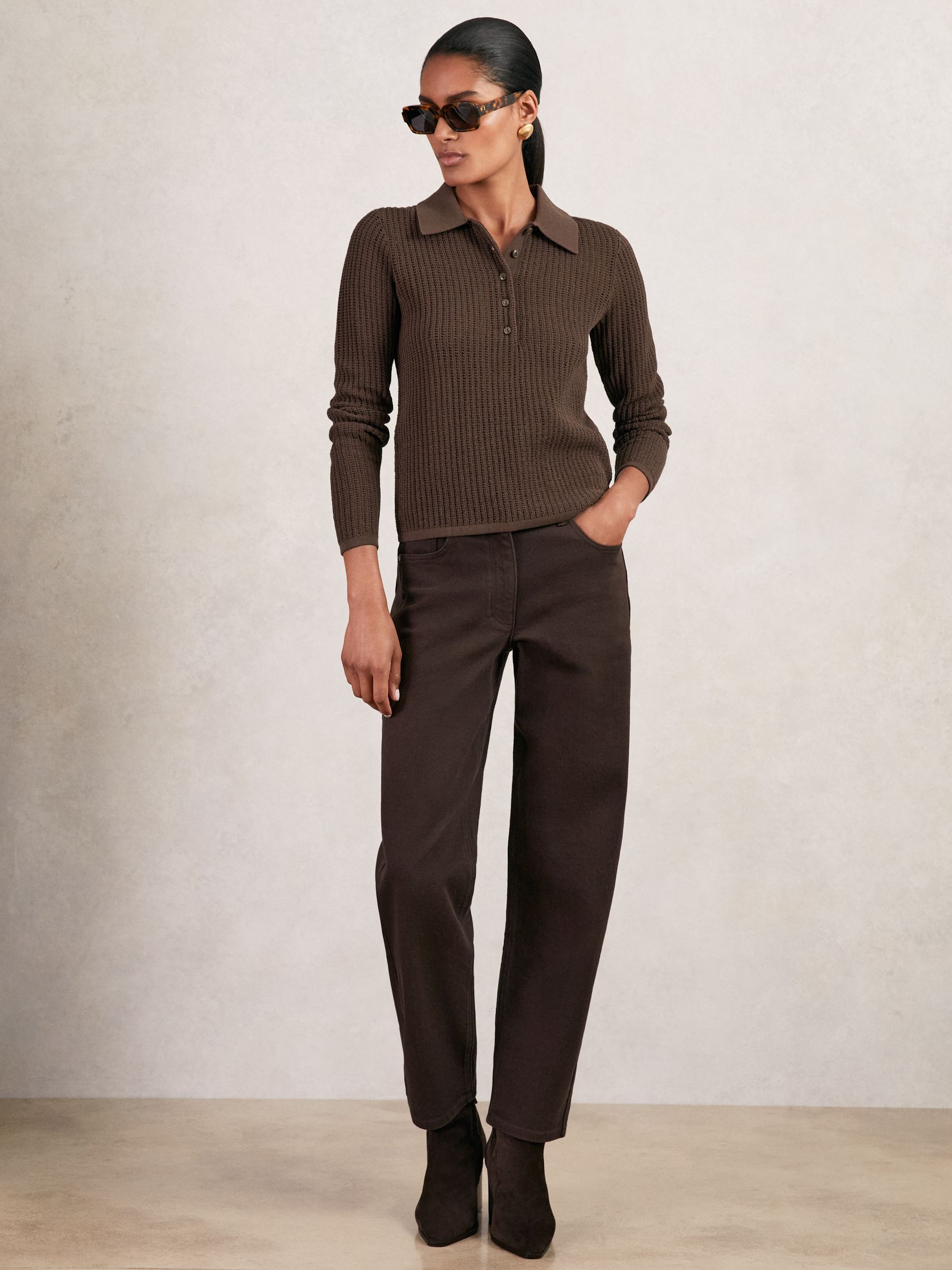 Open-Knit Long-Sleeve Polo Top in Chocolate Brown - Image 3 of 6