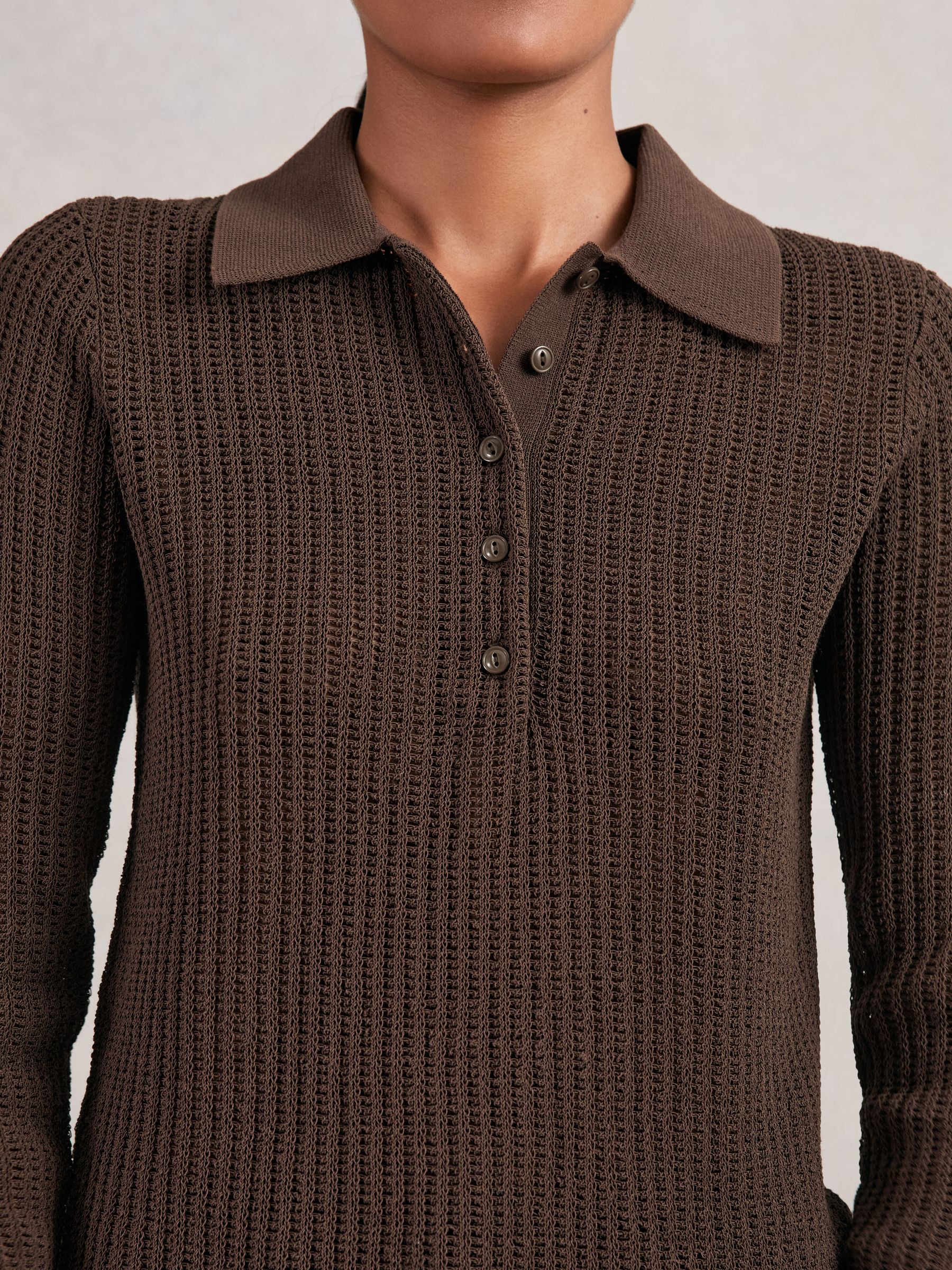 Open-Knit Long-Sleeve Polo Top in Chocolate Brown - image 3