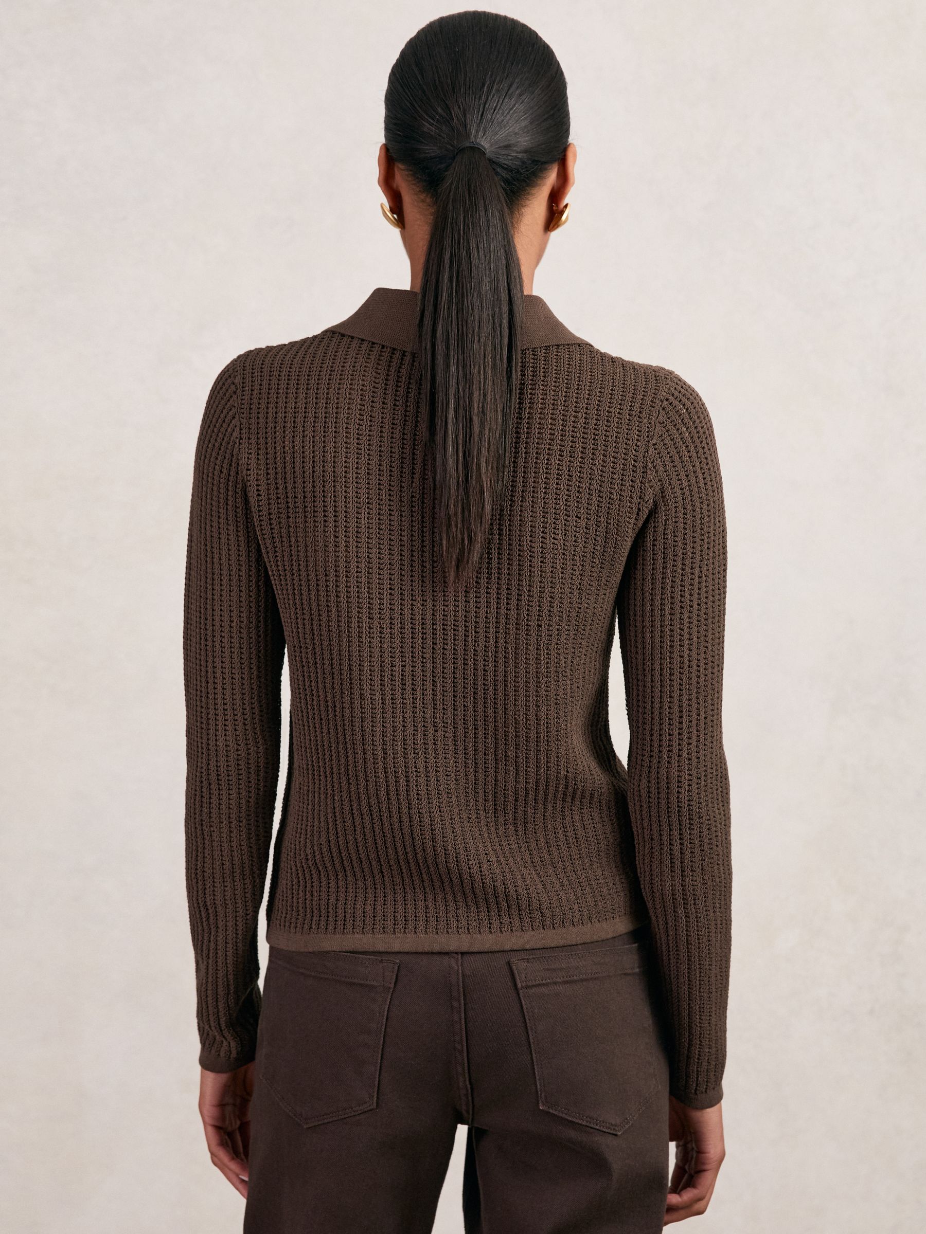 Open-Knit Long-Sleeve Polo Top in Chocolate Brown - image 4