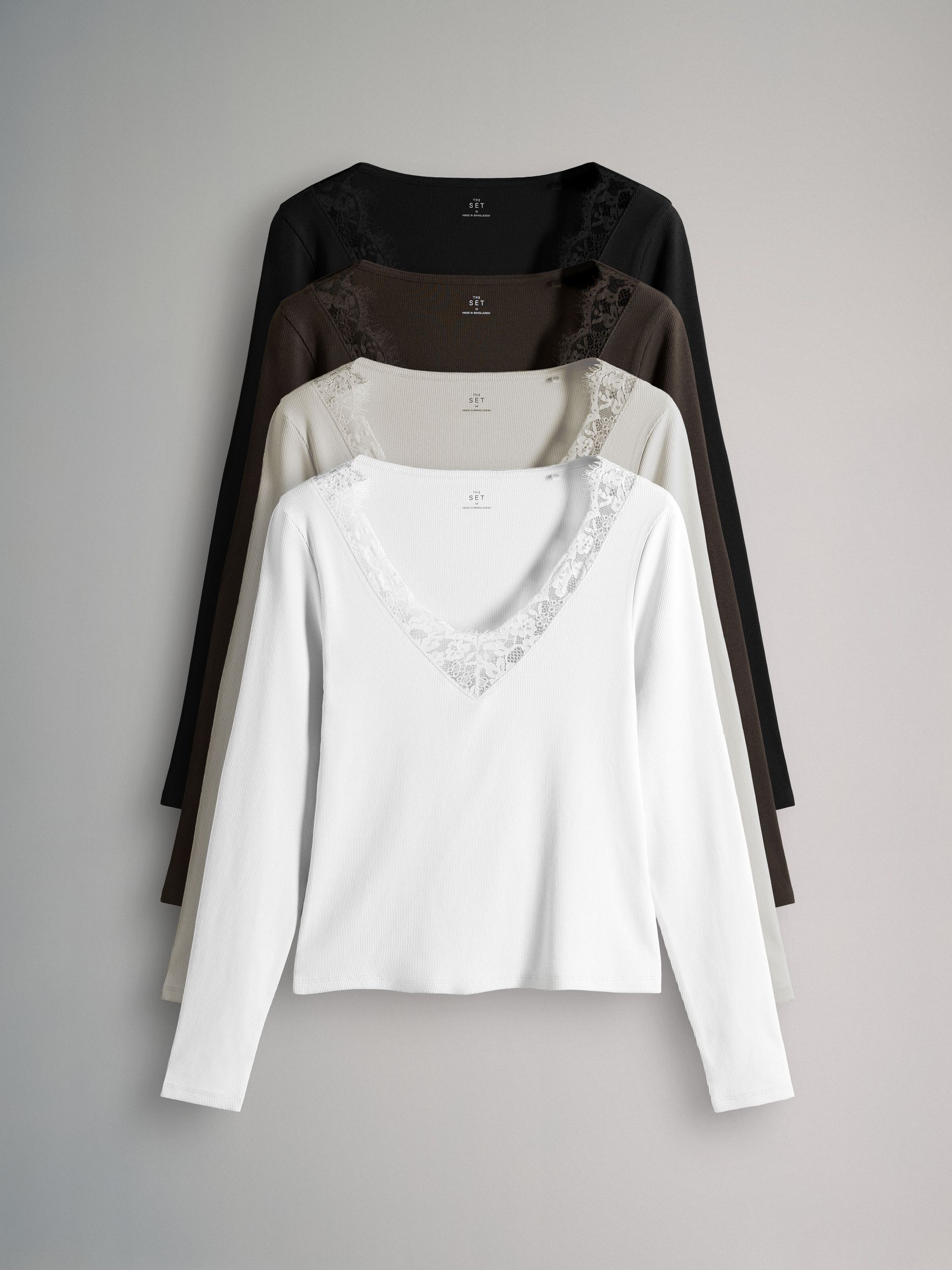 4 Pack Long Sleeve V-Neck Ribbed Lace Trim T-Shirt Black/Chocolate Brown/Taupe Brown/Cream - Image 2 of 6