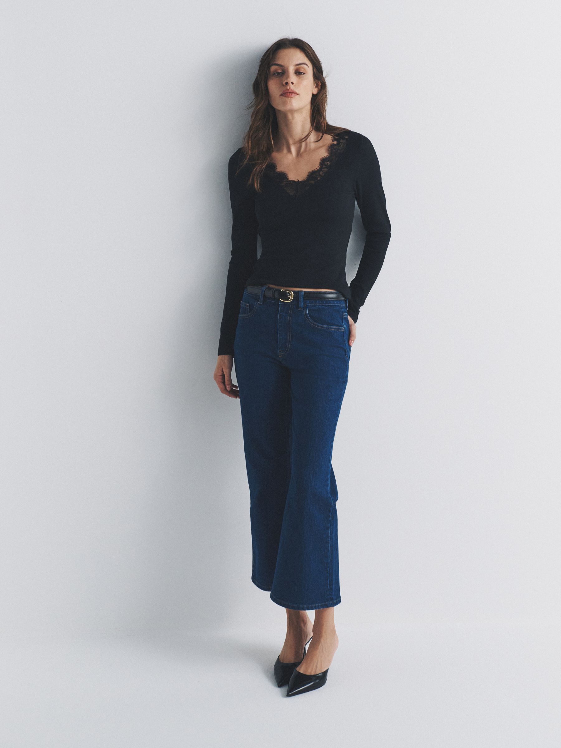 4 Pack Long Sleeve V-Neck Ribbed Lace Trim T-Shirt Black/Chocolate Brown/Taupe Brown/Cream - Image 5 of 6