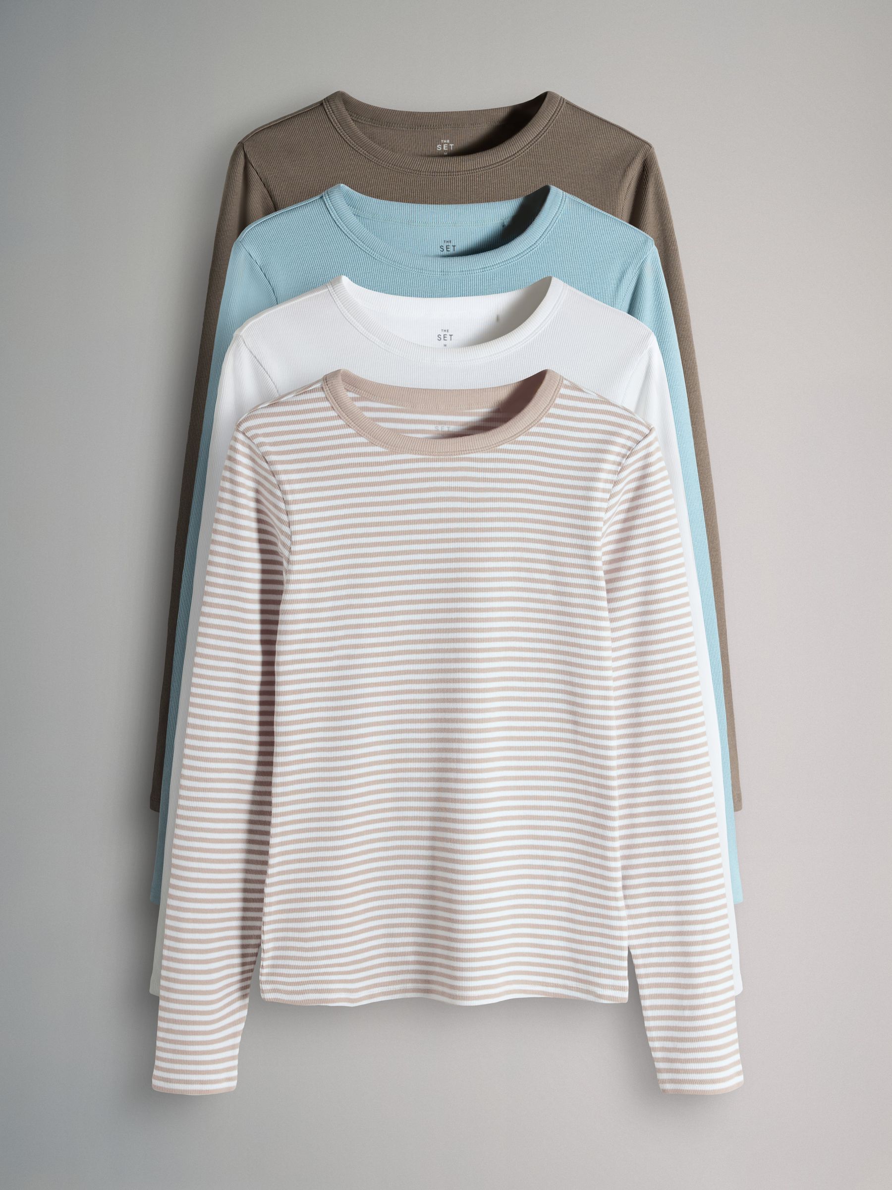 4 Pack Long Sleeve Ribbed T-Shirts Chocolate Brown/Light Blue/Stripe/White - Image 1 of 6