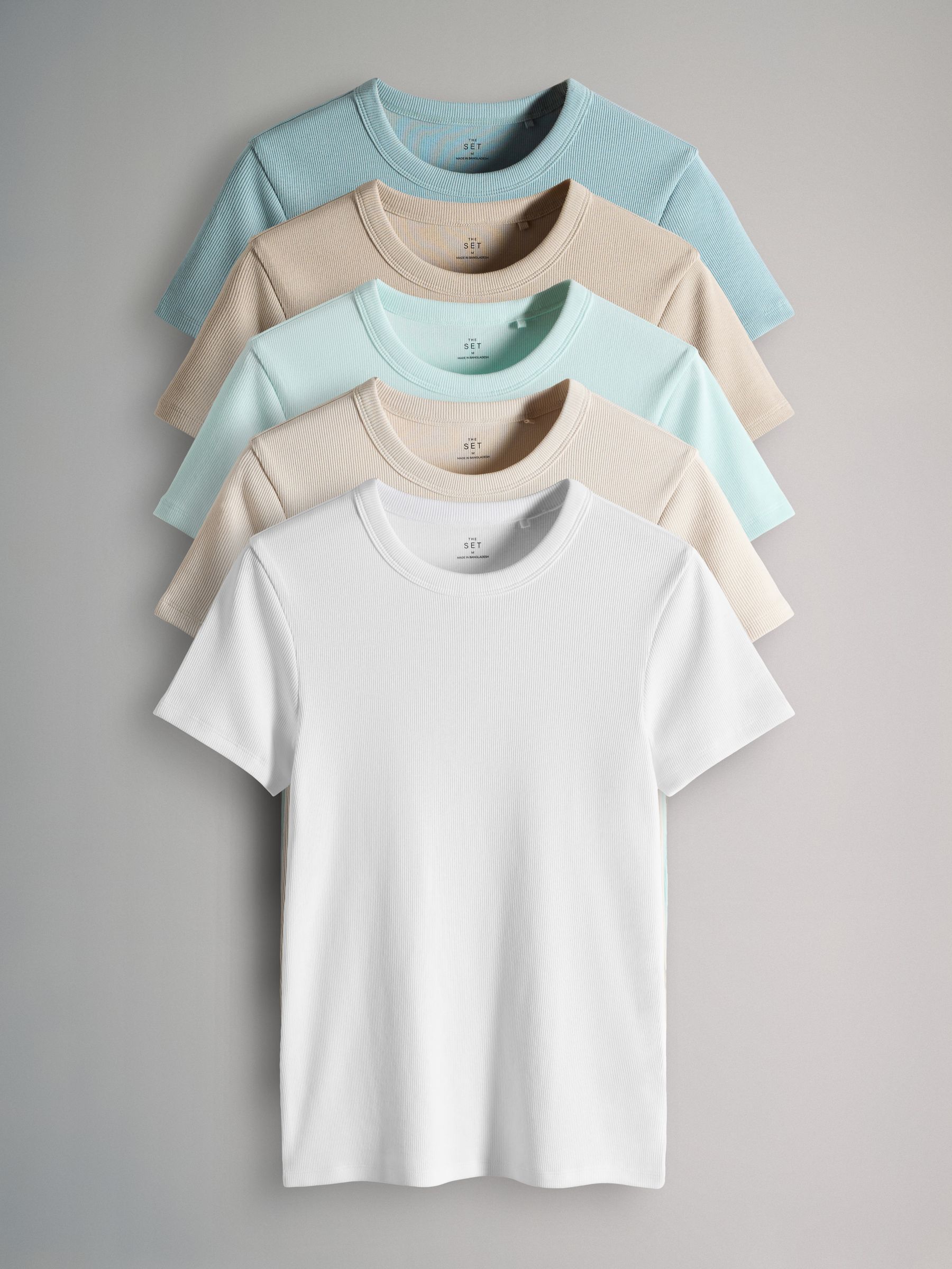 Taupe Brown/Light Brown/Blue/Light Blue/Cream 5 Pack Short Sleeve Ribbed T-Shirts - Image 1 of 6