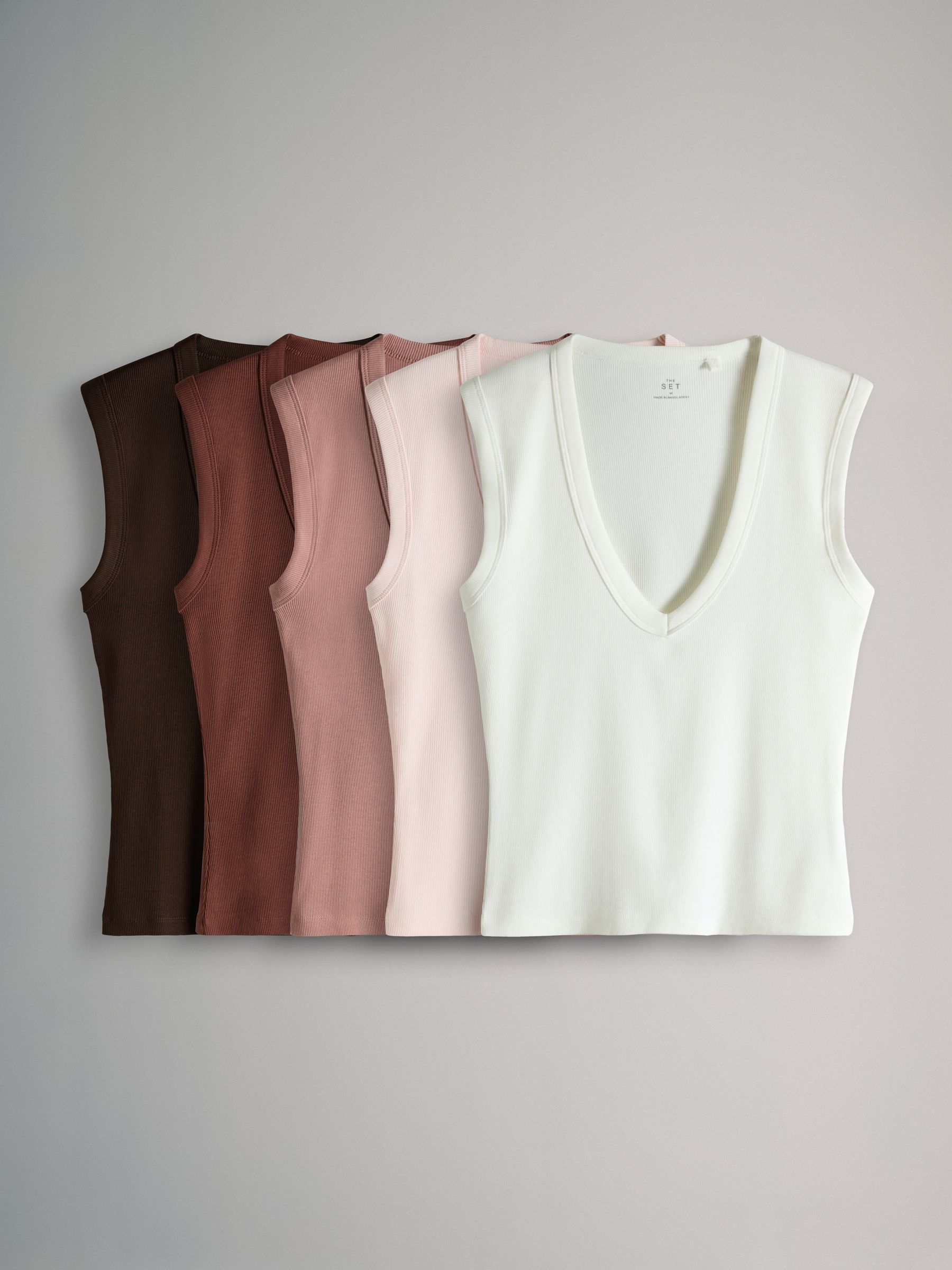 5 Pack Deep V-Neck Ribbed Vest Chocolate Brown/Pink/White - Image 2 of 6