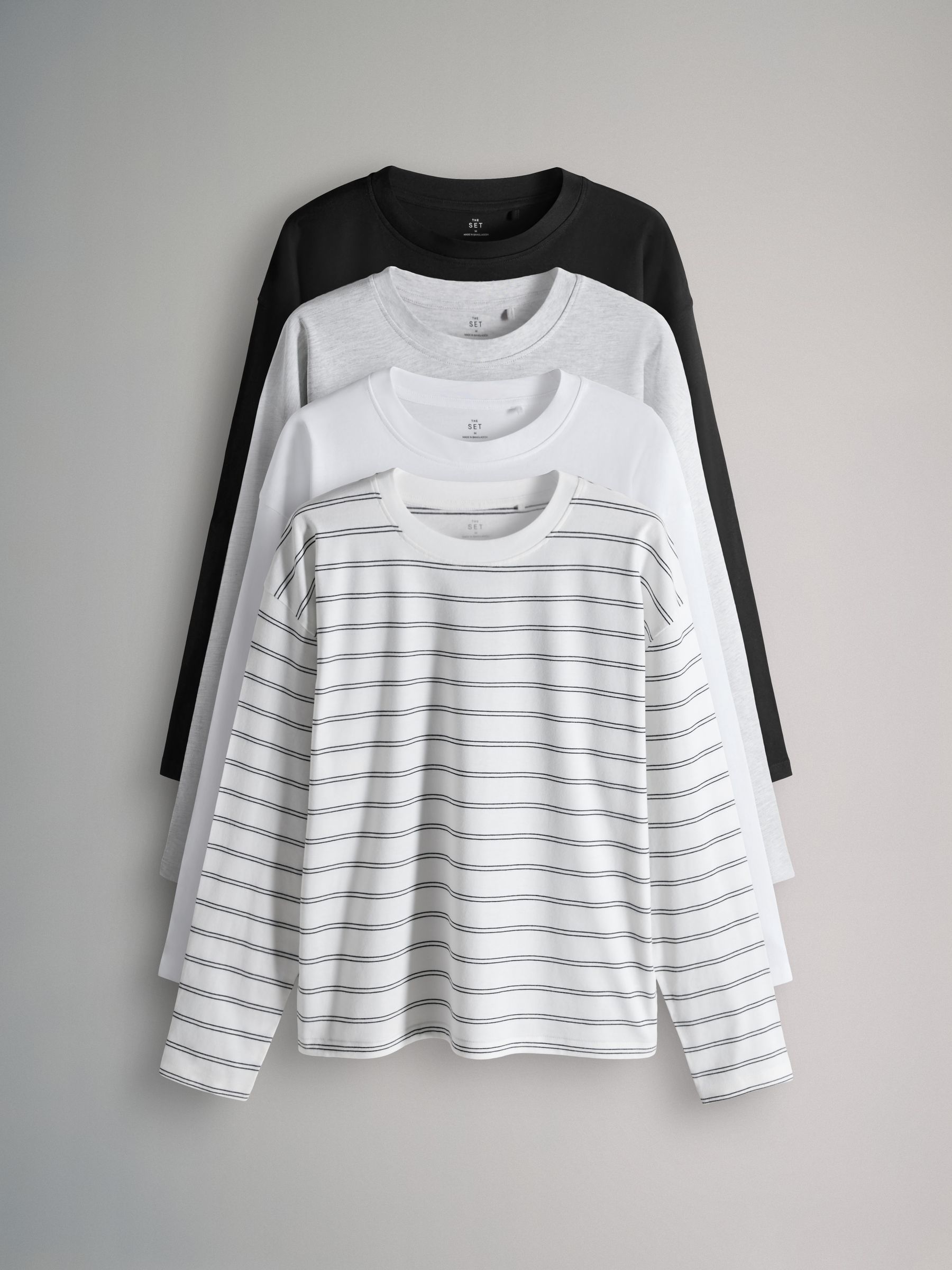 4 Pack 100% Cotton Relaxed Long Sleeve T-Shirts Black/Grey/White/Stripe Relaxed Fit - Image 1 of 6