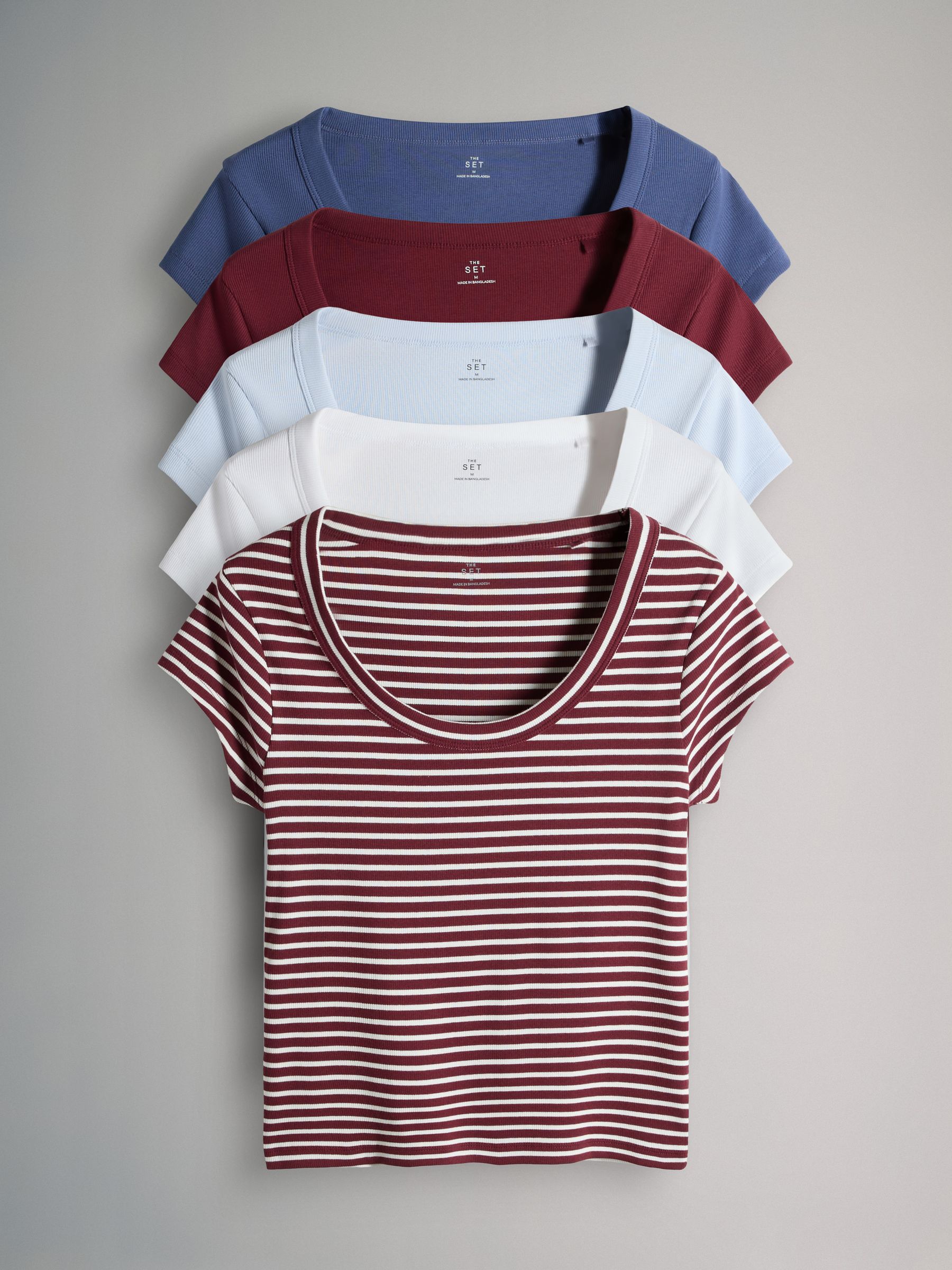 5 Pack Scoop Neck Cap Sleeve Ribbed T-shirt Navy/Stripe/Red/Light Blue/White - Image 1 of 6