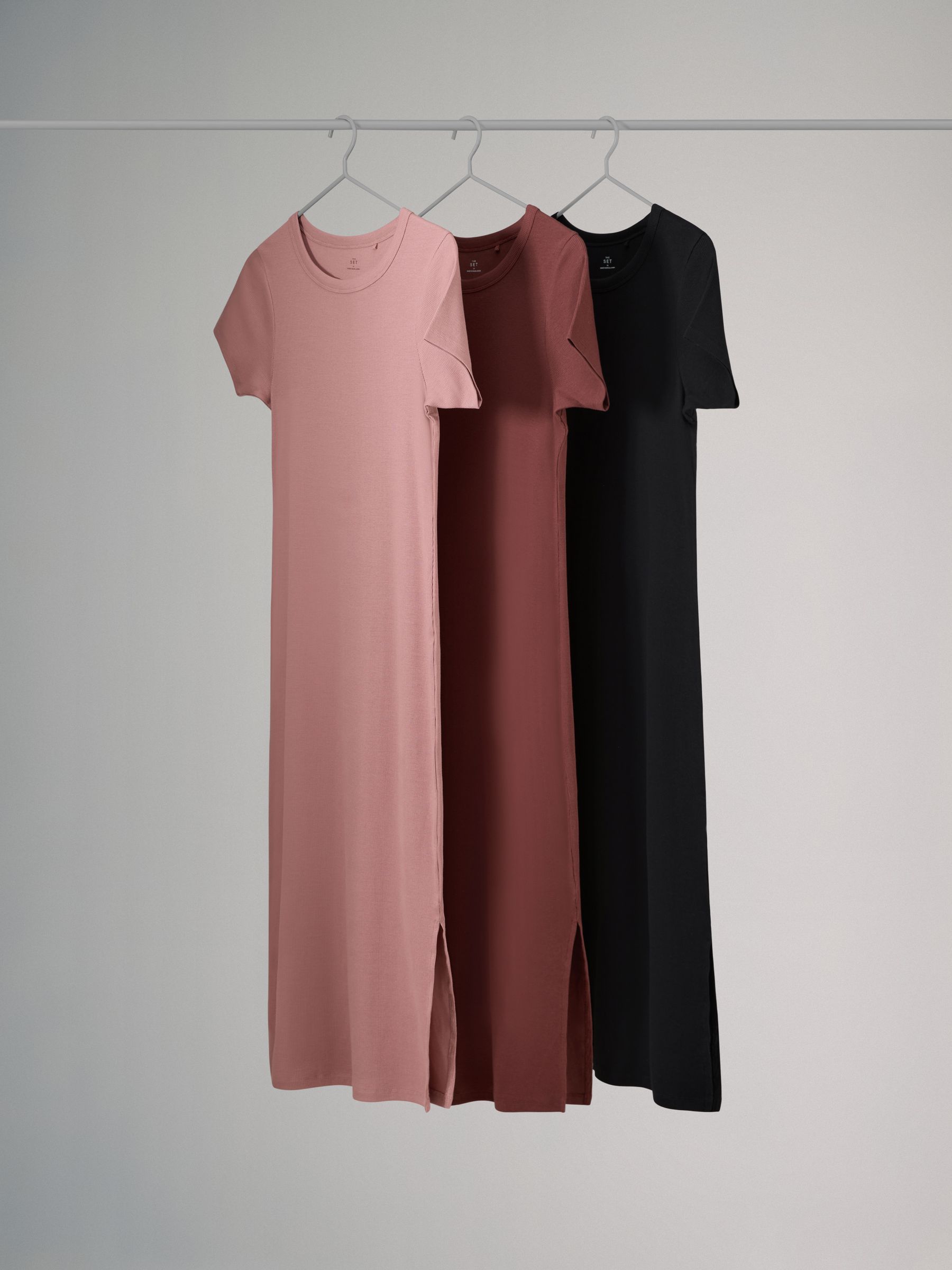 3 Pack Ribbed Midi Dresses Black/Mauve Pink/Light Pink - Image 1 of 6