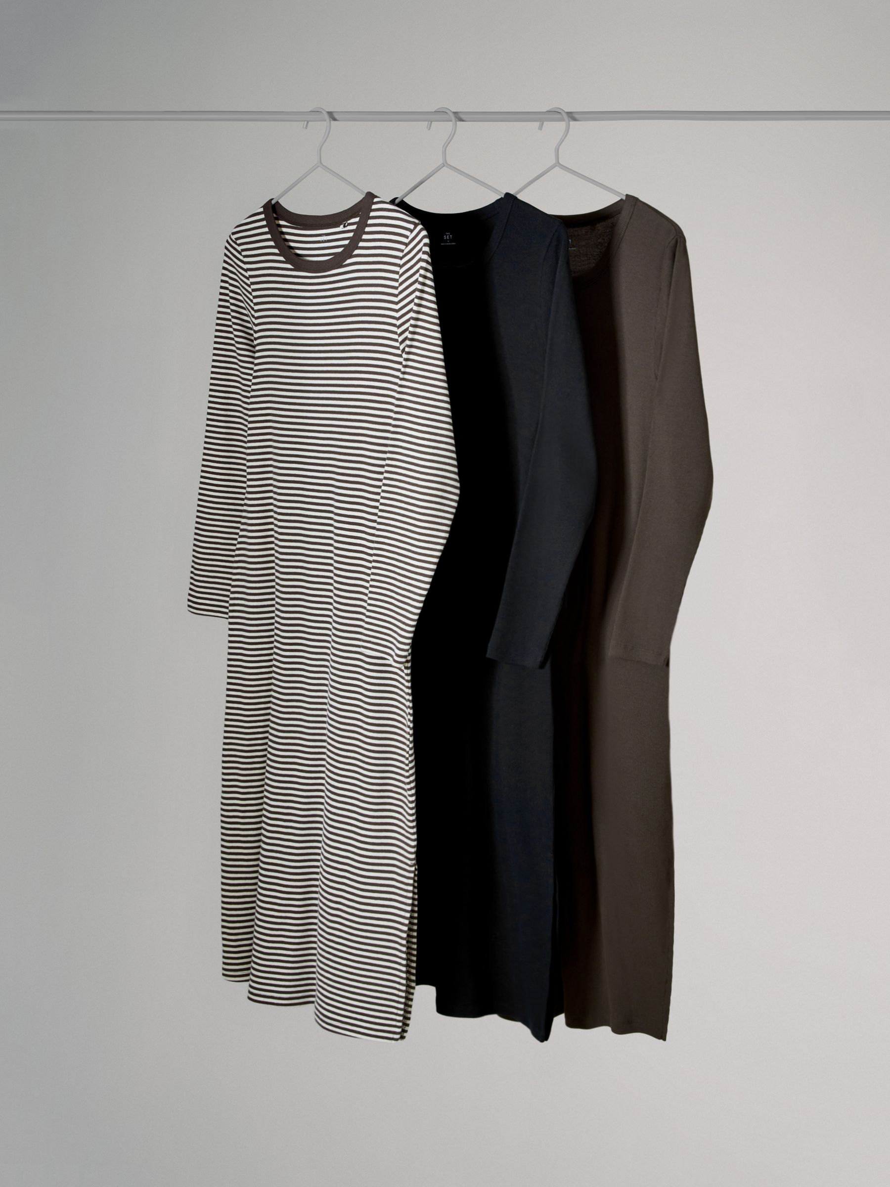 Navy/Khaki/Stripe 3 Pack Ribbed Long Sleeve Midi Dresses - Image 1 of 3