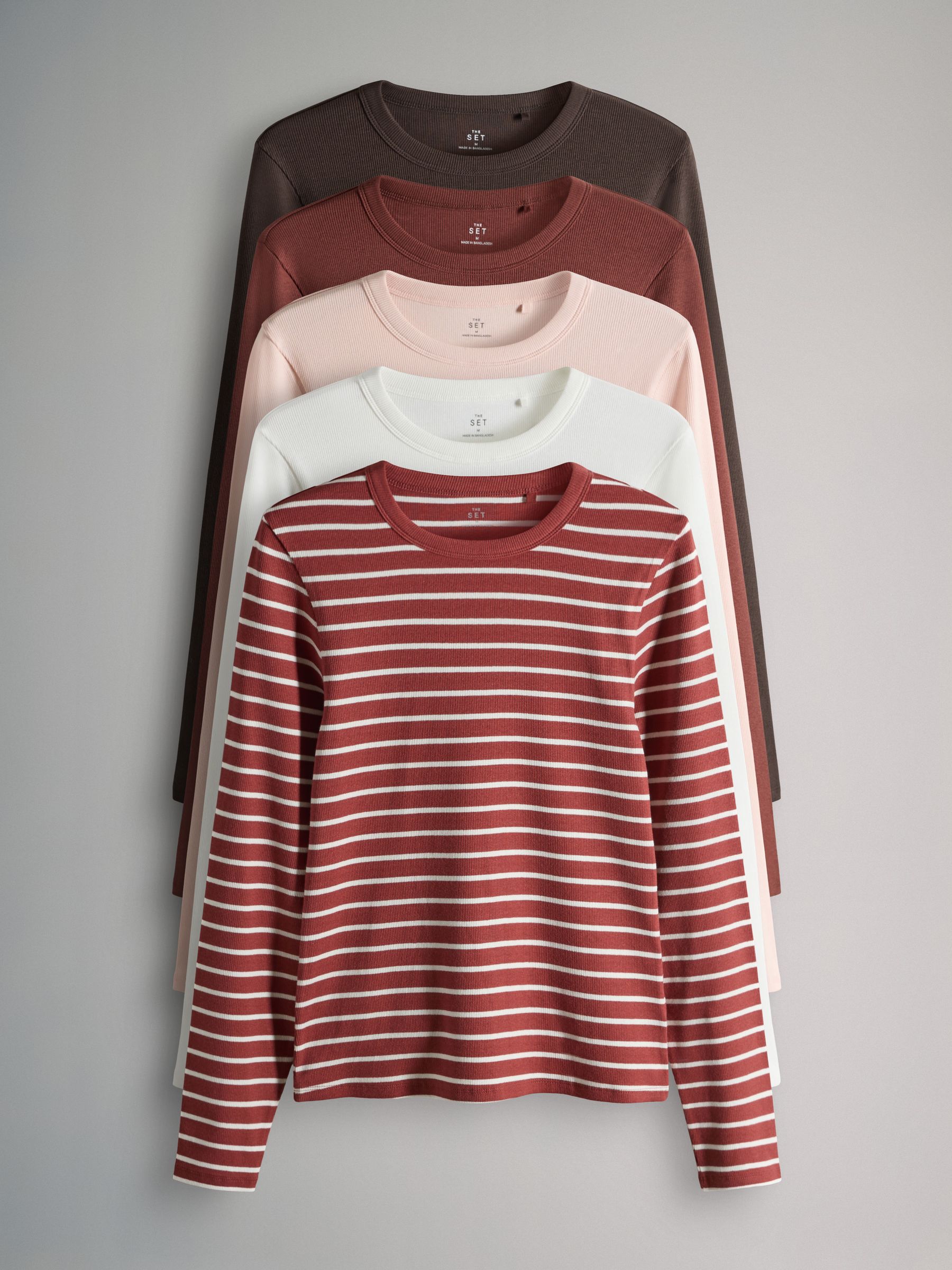 Brown/Pink/White/Stripe 5 Pack Ribbed Long Sleeve T-Shirts - Image 1 of 6