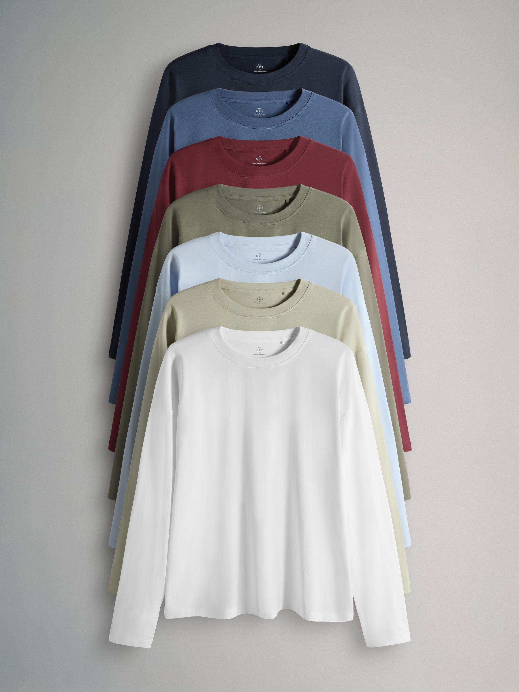 7 Pack Long Sleeve T-Shirts Navy/Blue/Red/Green/Light Blue/Stone Brown/White - Image 1 of 6