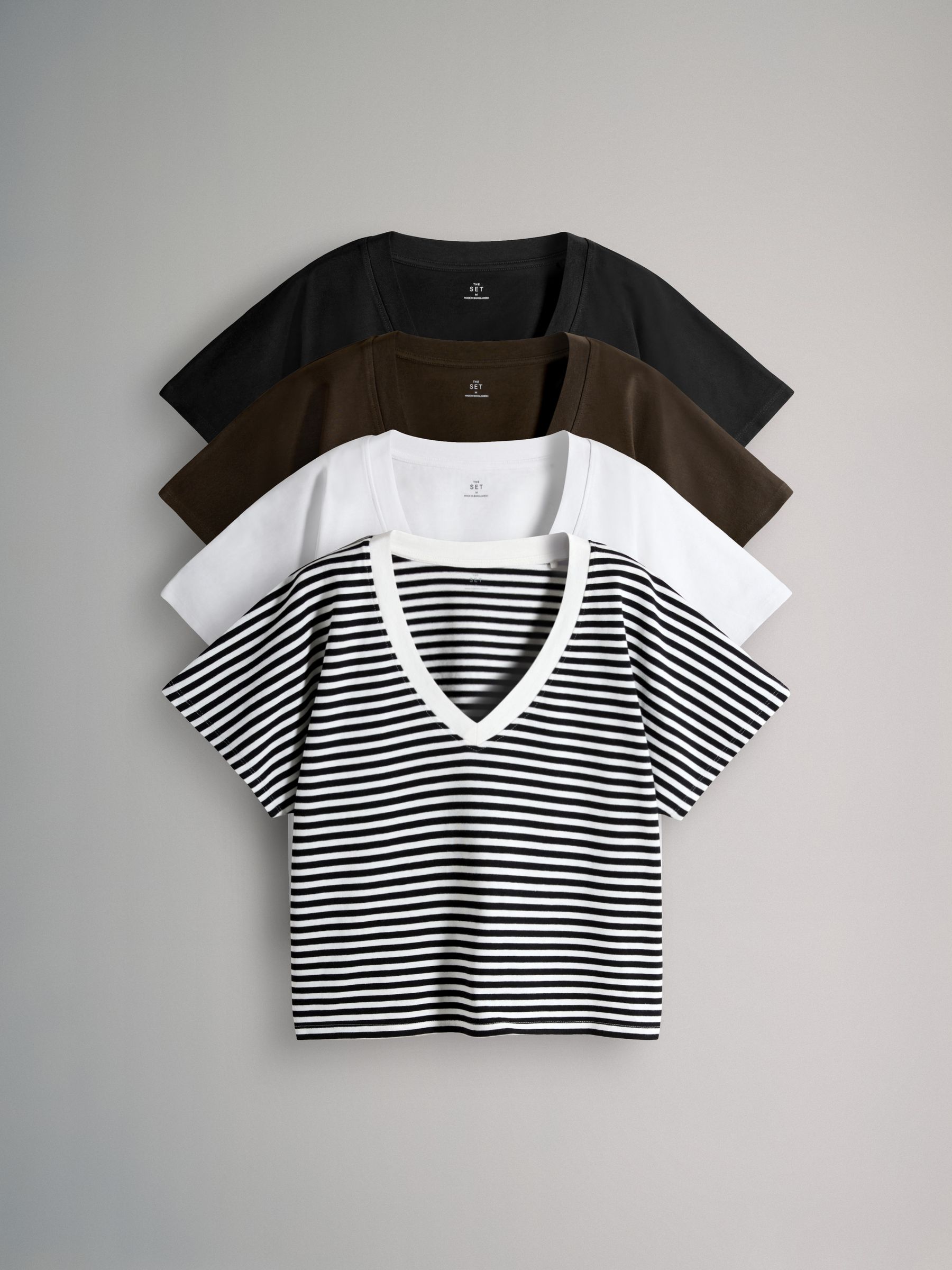 4 Pack V-Neck Short Sleeve Heavyweight T-Shirts Black/Chocolate Brown/White/Stripe - Image 1 of 6