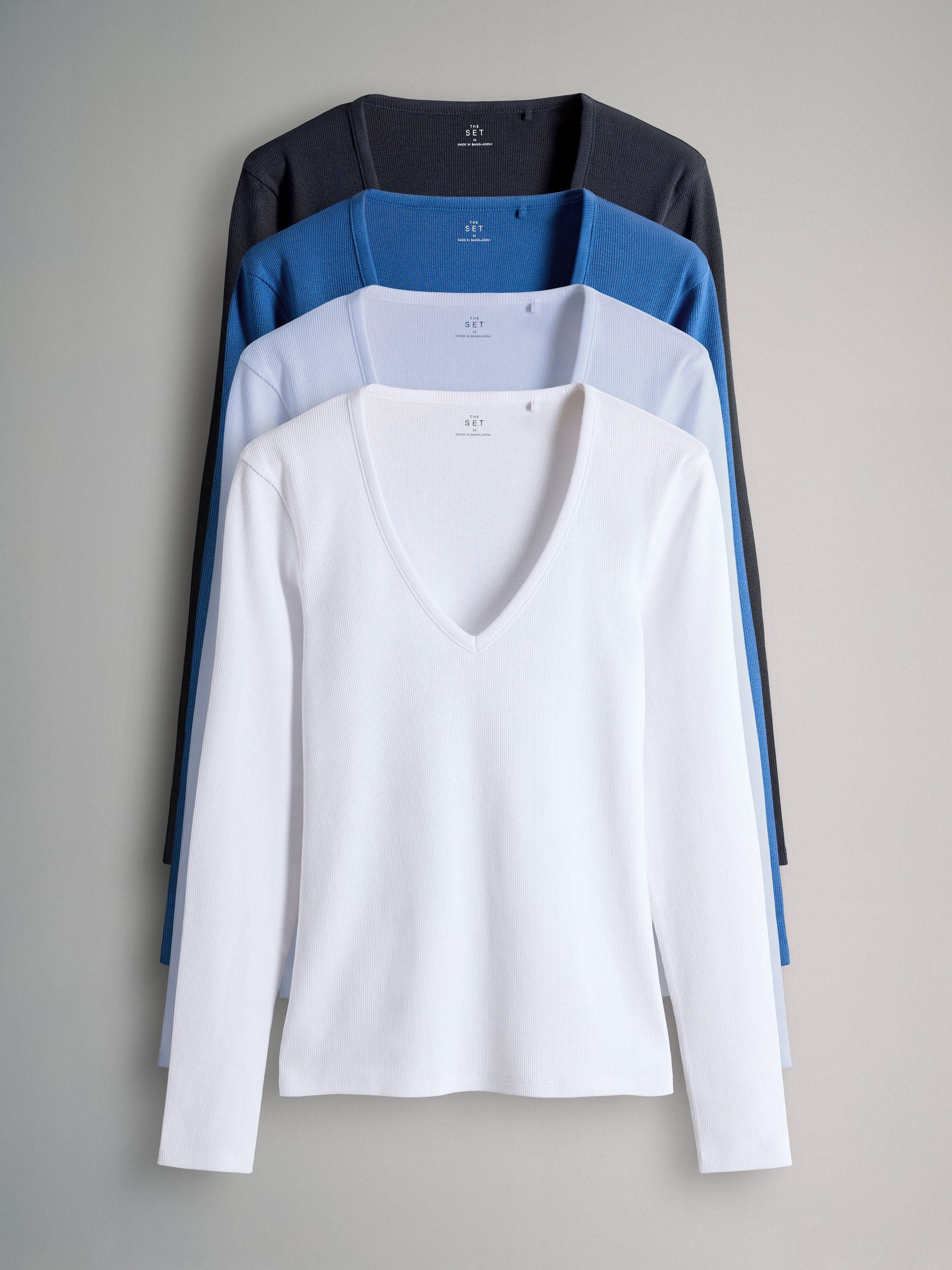4 Pack V-Neck Ribbed Long Sleeve T-Shirts Navy/Blue/Light Blue/White - Image 1 of 6